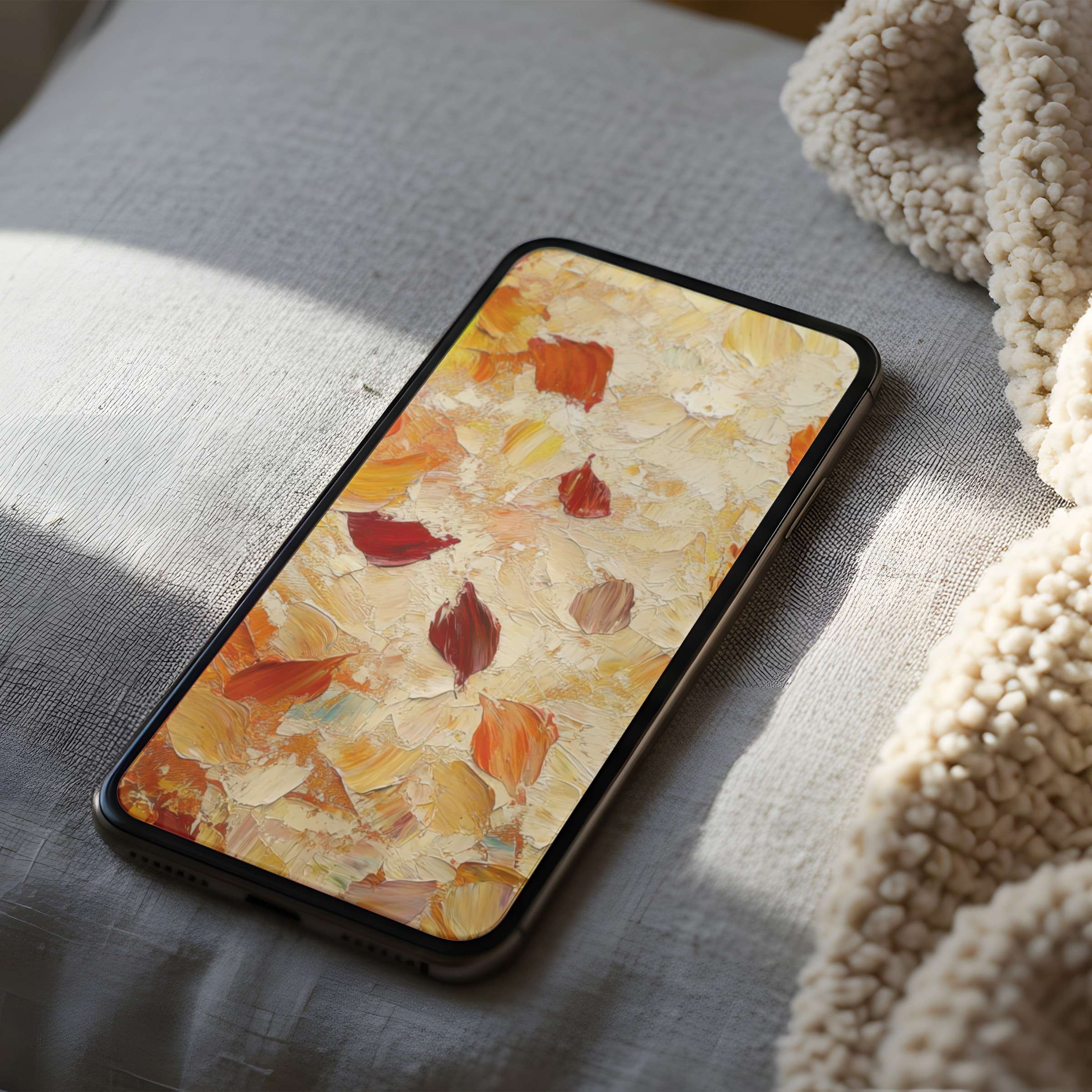 Warm abstract phone wallpaper with earthy palette on a cozy linen surface high resolution digital download for iPhone or Android
