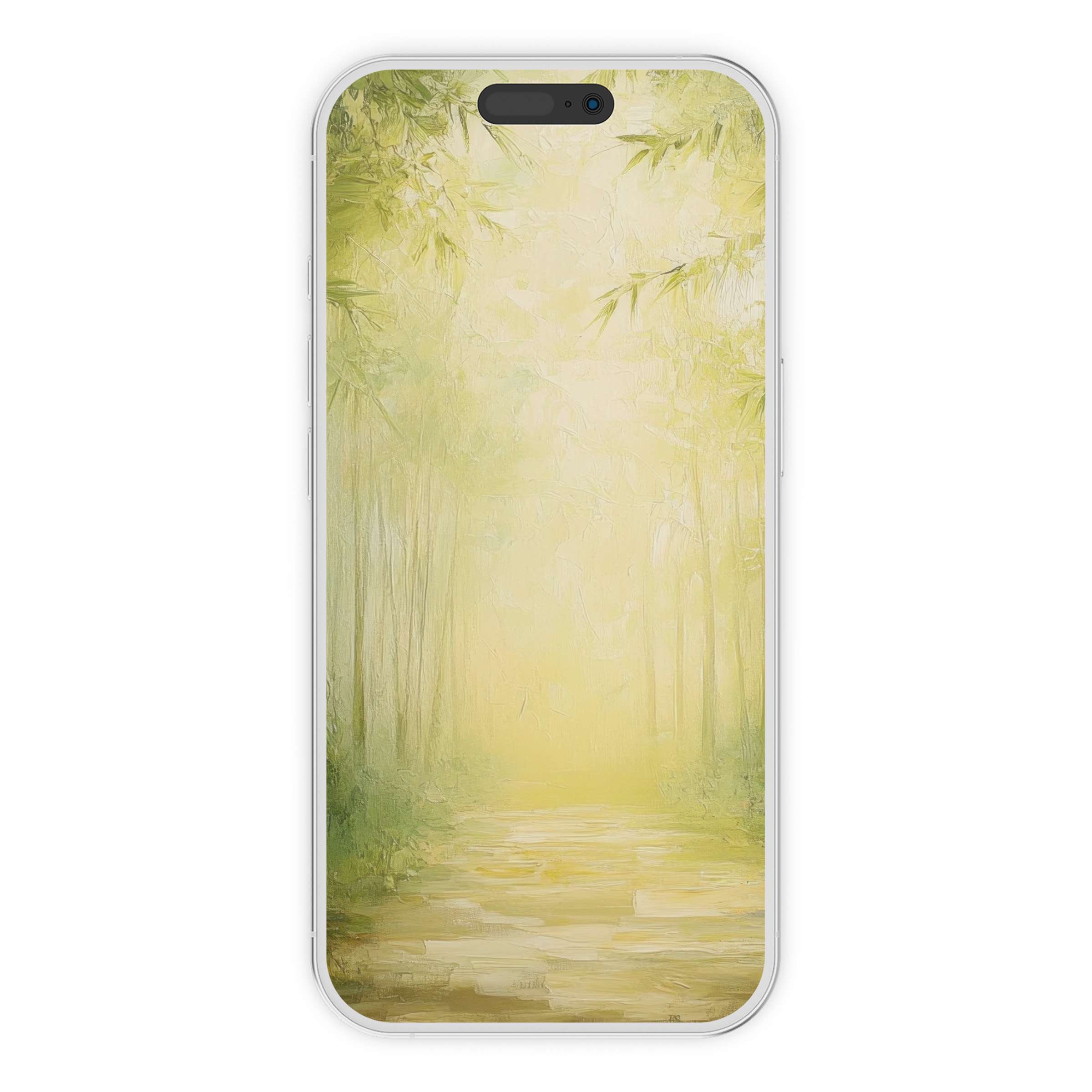 Elegant botanical iPhone wallpaper with a serene, pastel forest scene ideal for a calming digital download phone background