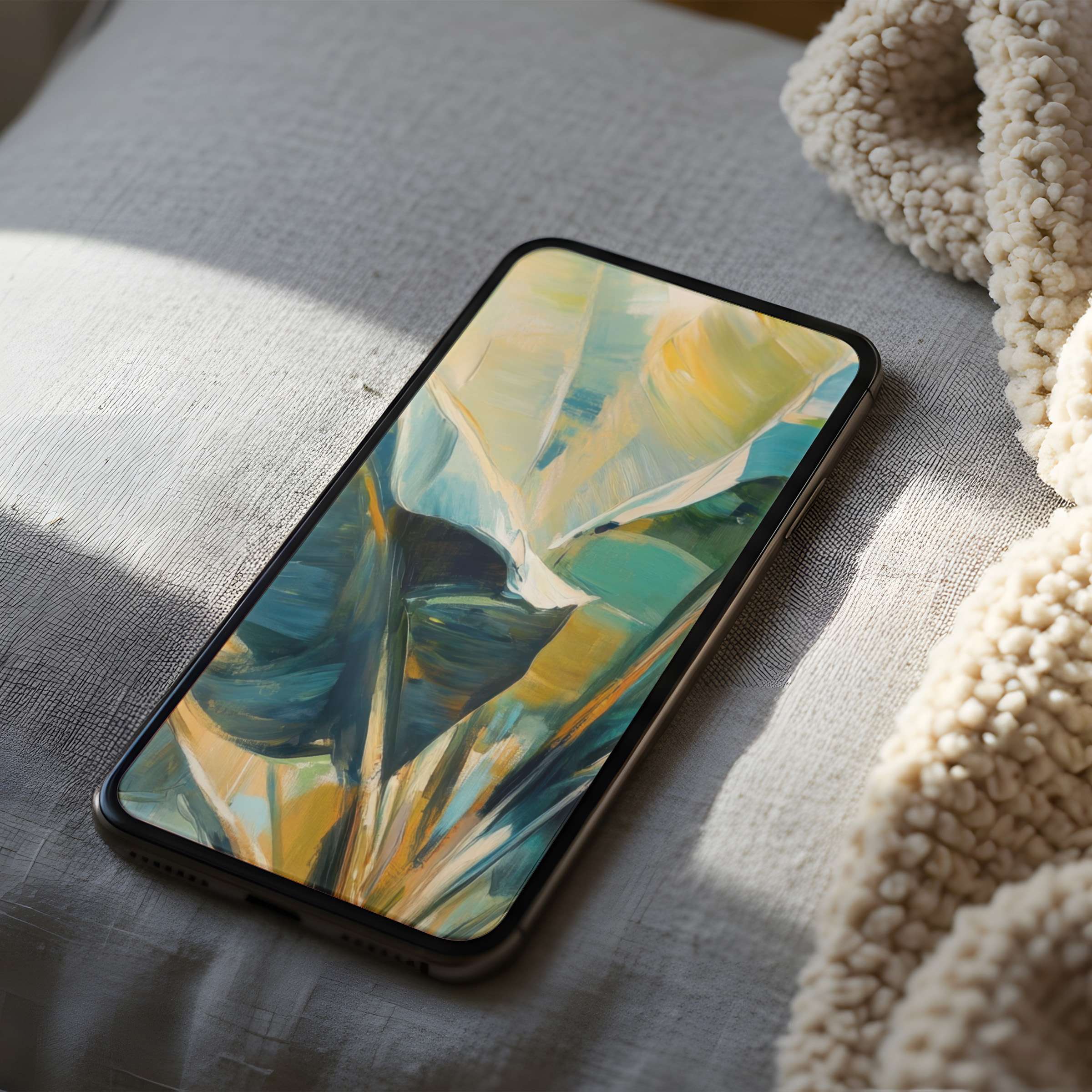 Elegant phone wallpaper featuring soft abstract brushstrokes in green and gold tones, perfect for iPhone and android digital downloads