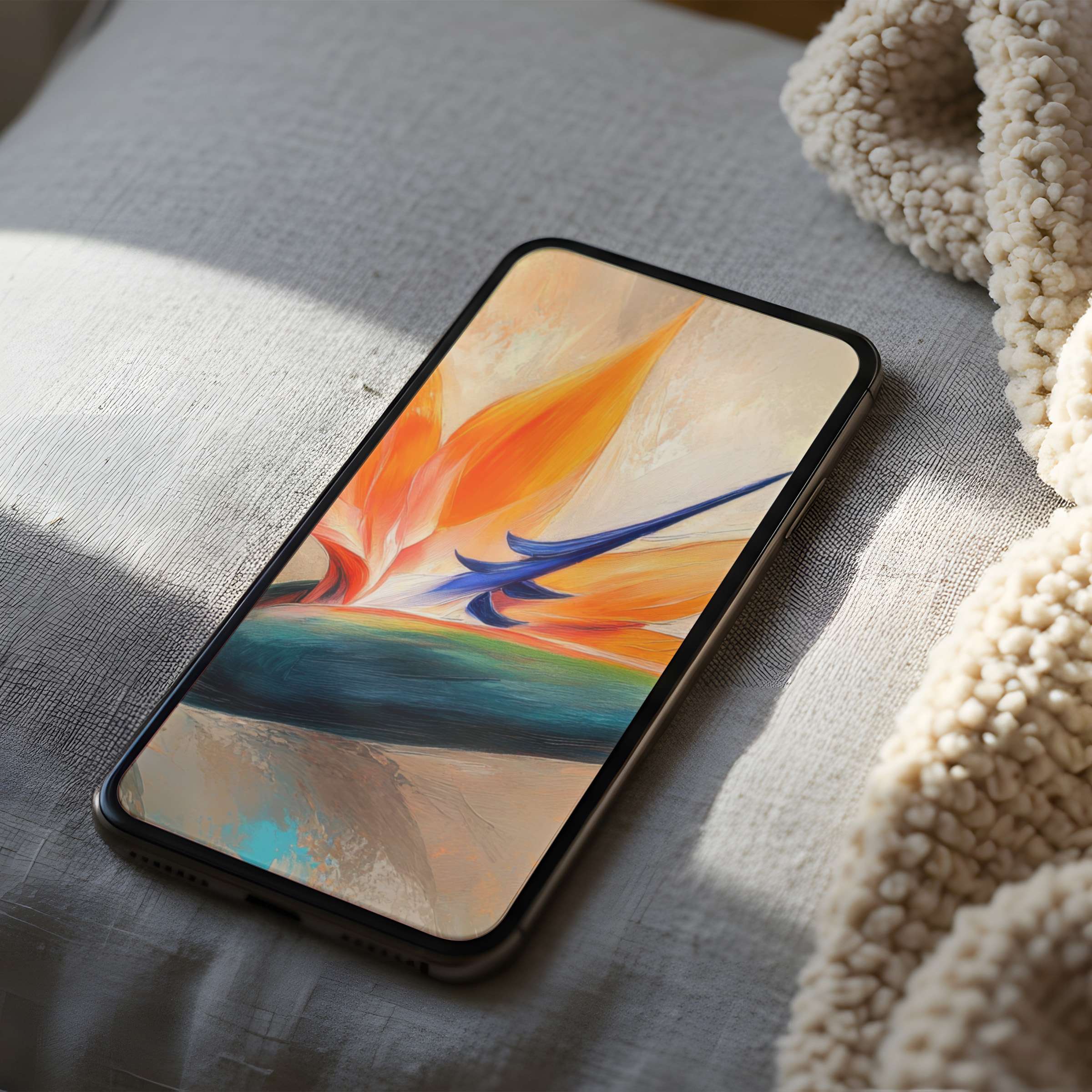 Elegant abstract phone wallpaper featuring vibrant orange and blue hues on soft textures, a high resolution digital download for iPhone and Android