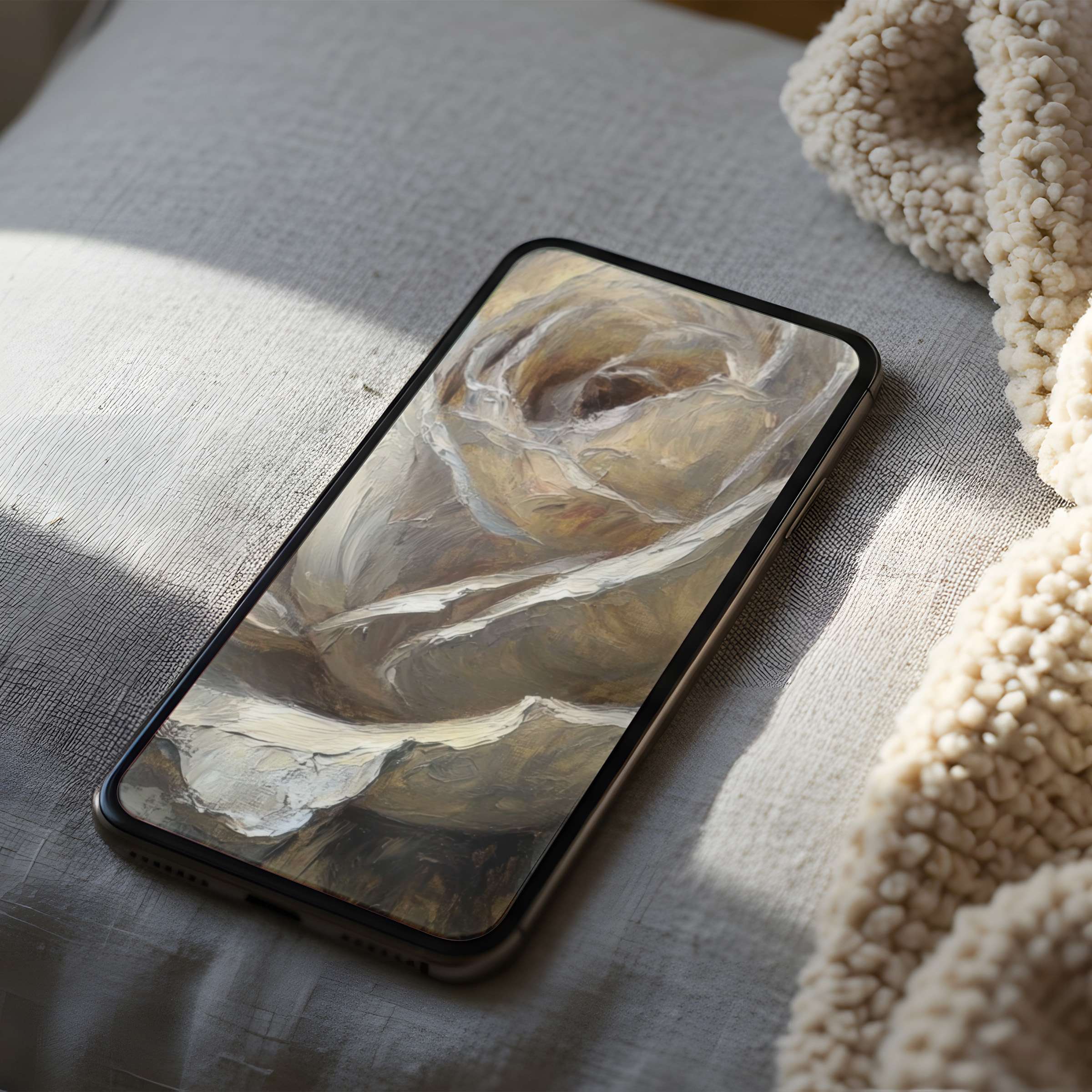 Elegant phone wallpaper featuring a serene beige abstract rose painting, perfect for iPhone and Android, offering tranquility in high resolution