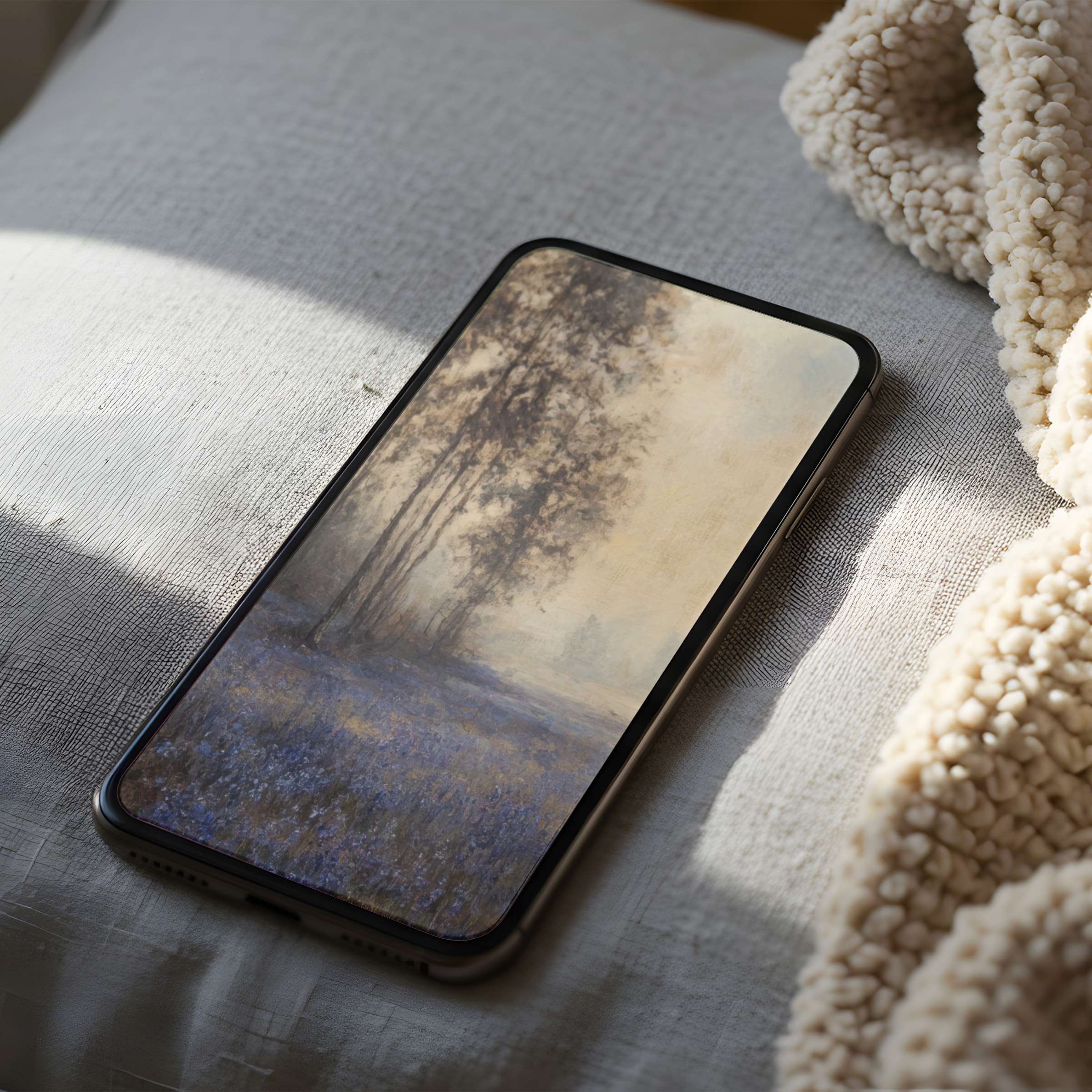 Tranquil forest phone wallpaper in curated, soft hues offers high-resolution elegance for iPhone and Android digital download users