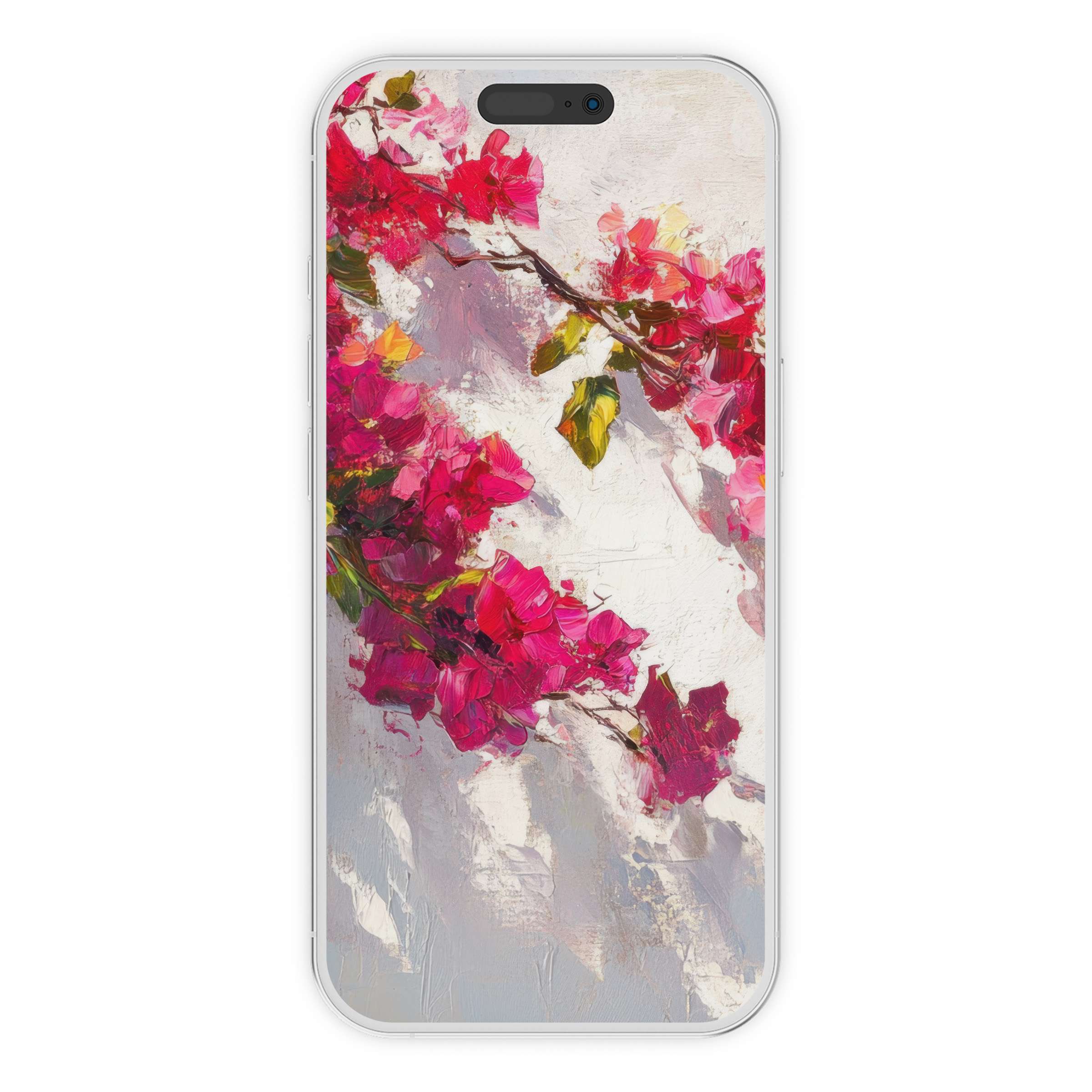 Elegant botanical iPhone wallpaper with vibrant pink florals on a textured backdrop for a calming digital download phone background