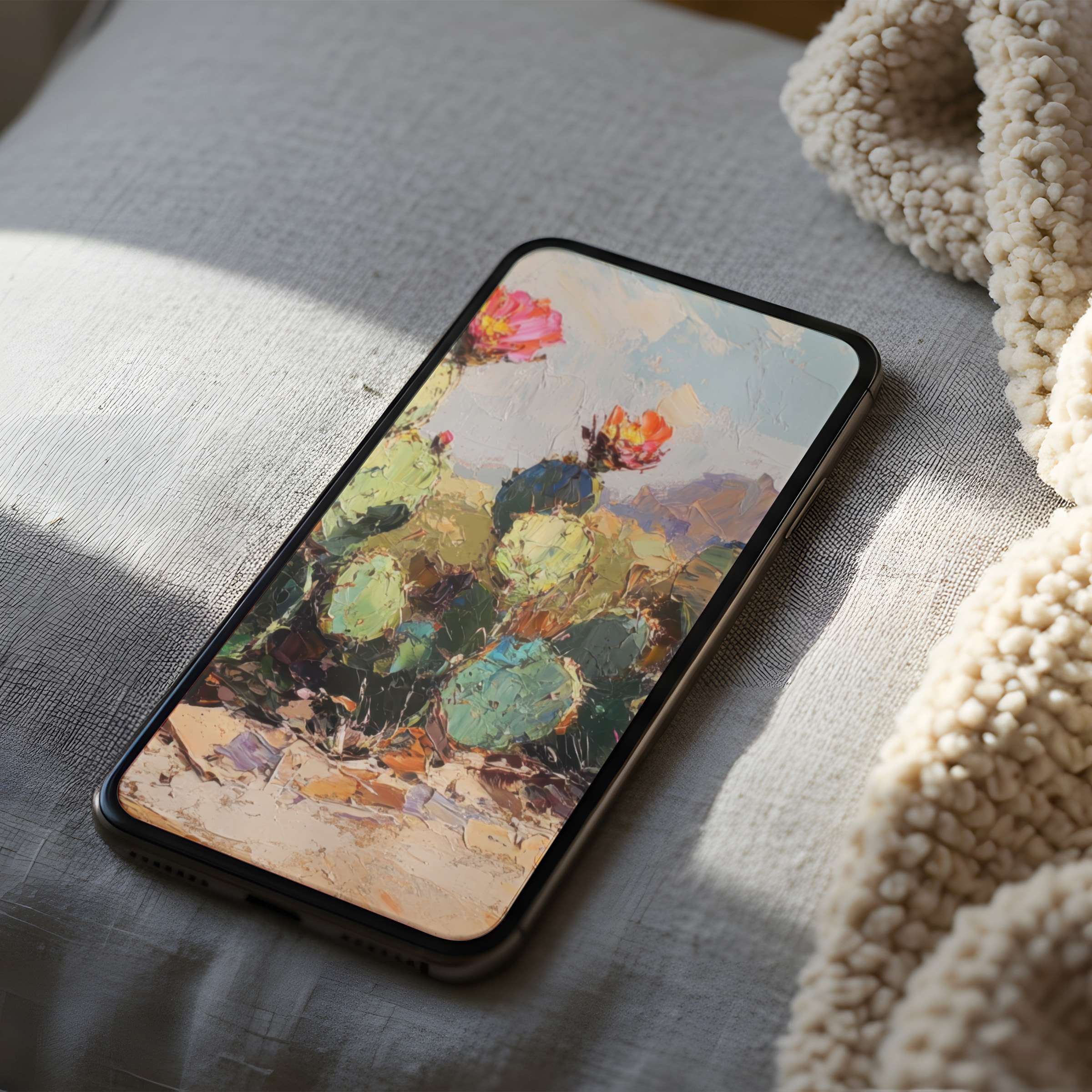 Elegant phone wallpaper with a textured cactus painting in soothing pastels adds tranquility to your iPhone and android screens