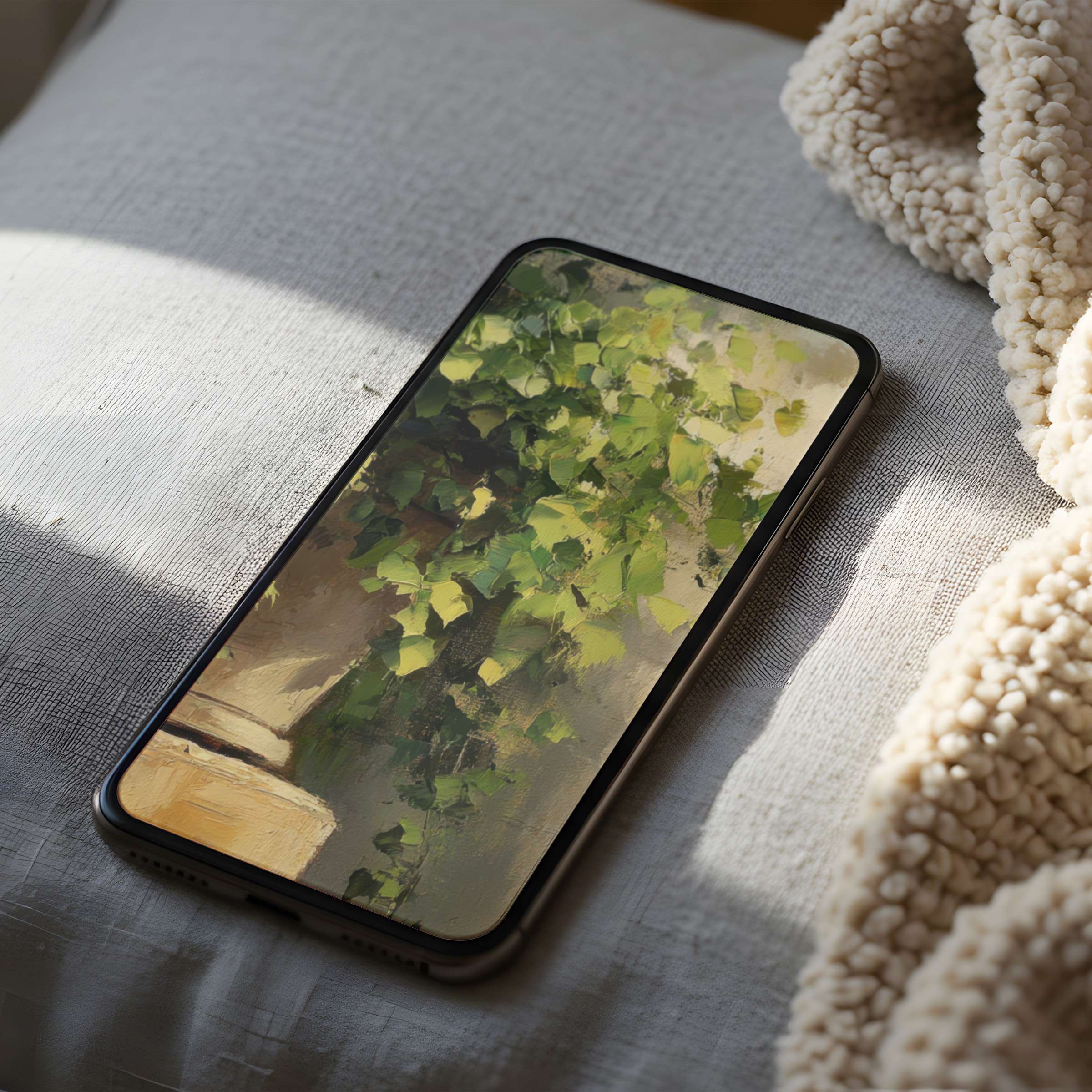 Elegant phone wallpaper featuring lush green leaves in a calming, high-resolution digital artwork, perfect for iPhone and Android users