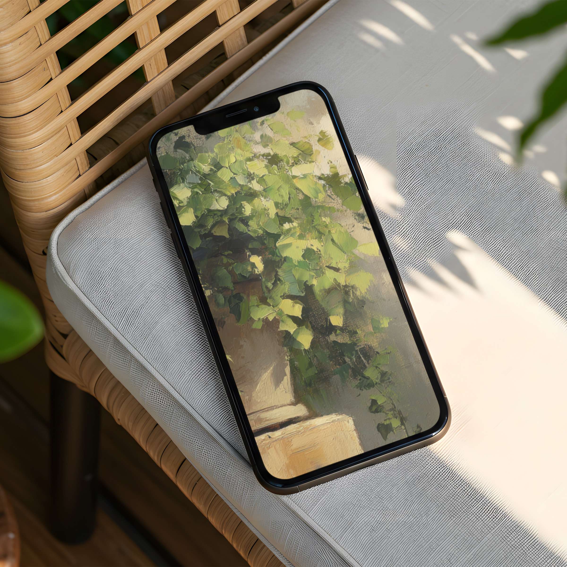 Serene iPhone background with lush green leaves painting offers instant download for phone users seeking elegance and mindfulness