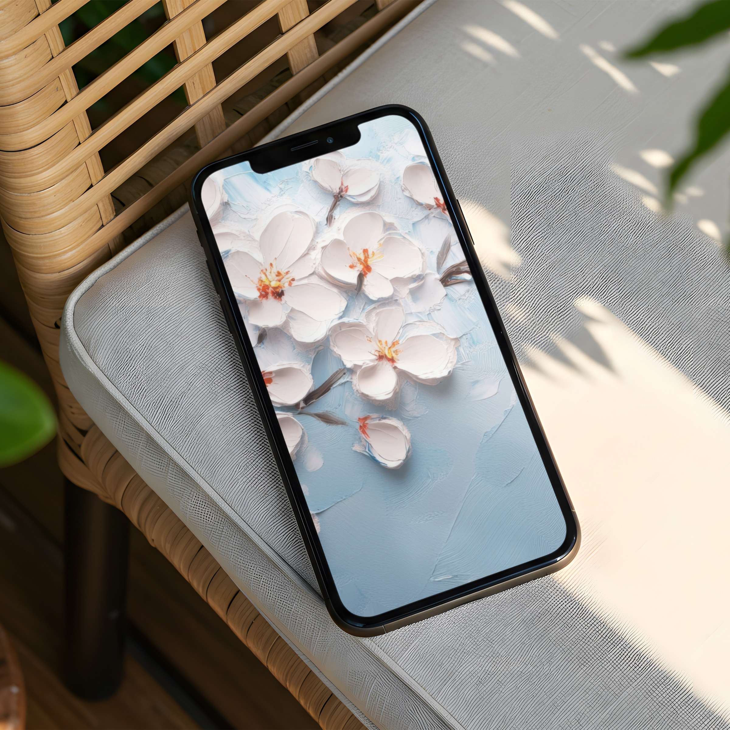 Elegant floral iPhone background with white cherry blossoms on textured pastel blue for instant download, enhancing phone calm and aesthetics