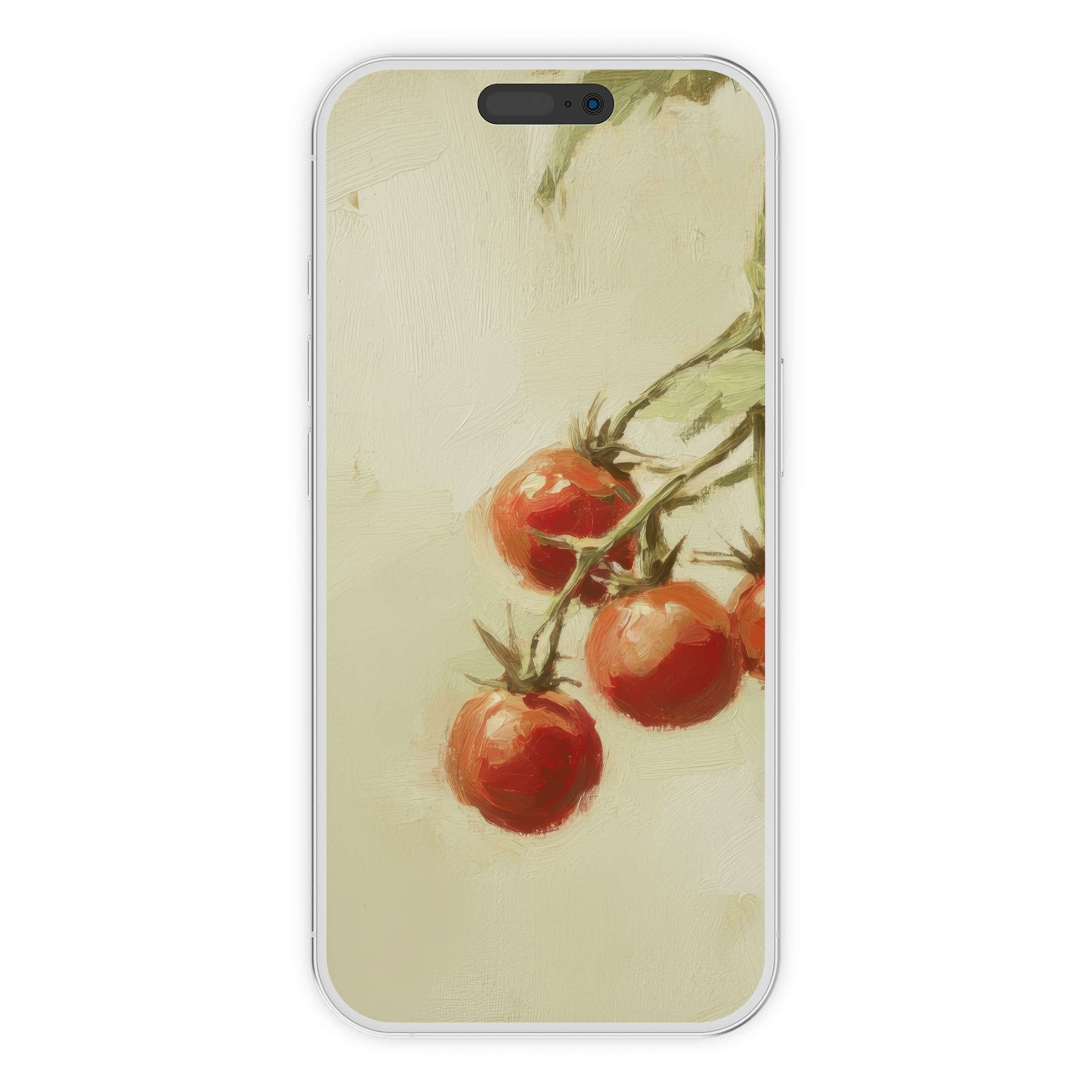 Elegant botanical iPhone wallpaper with vibrant tomatoes on a soft textured background for phone; digital download for serene design