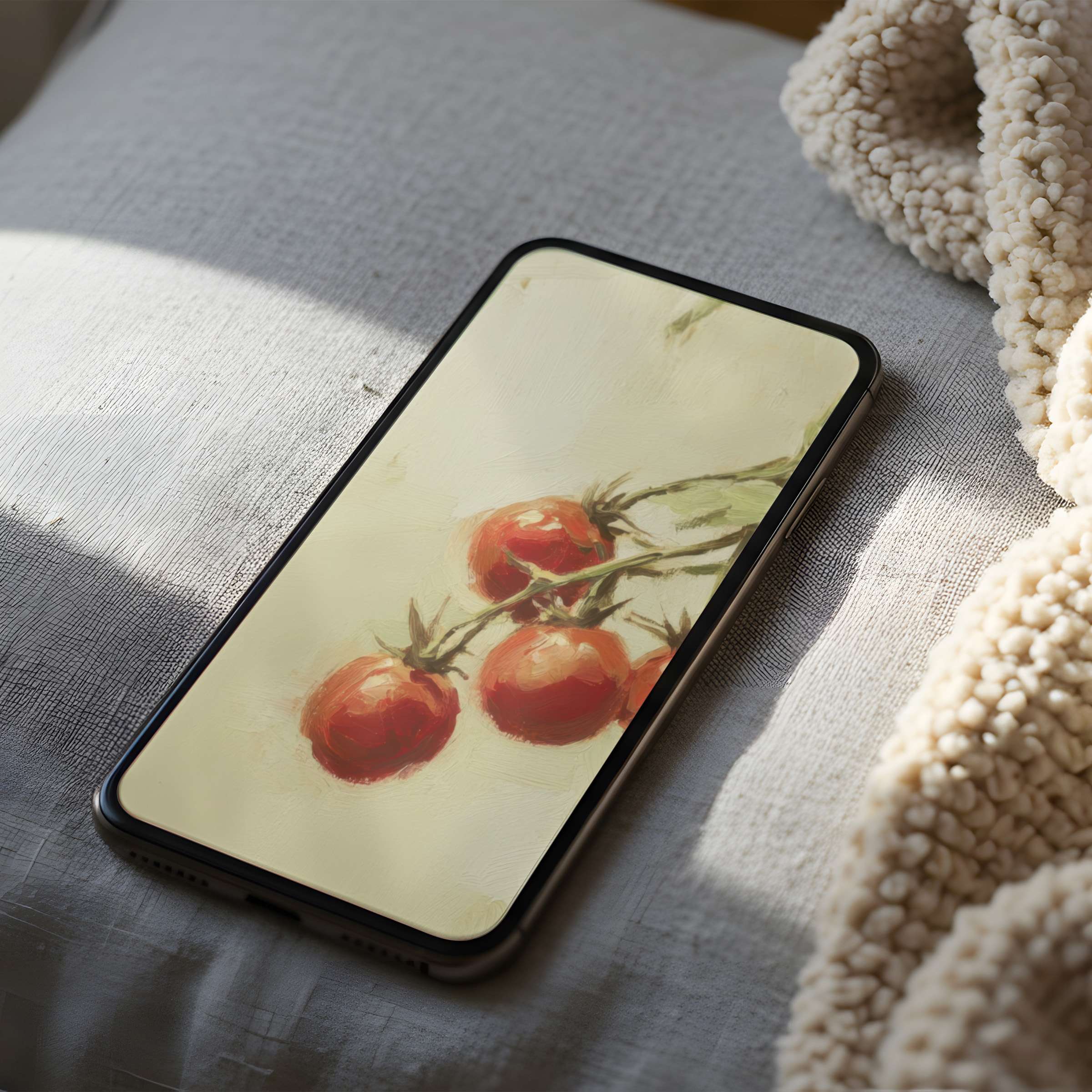 Elegant phone wallpaper featuring soft red tomatoes in a painterly style, perfect for iPhone or Android digital download