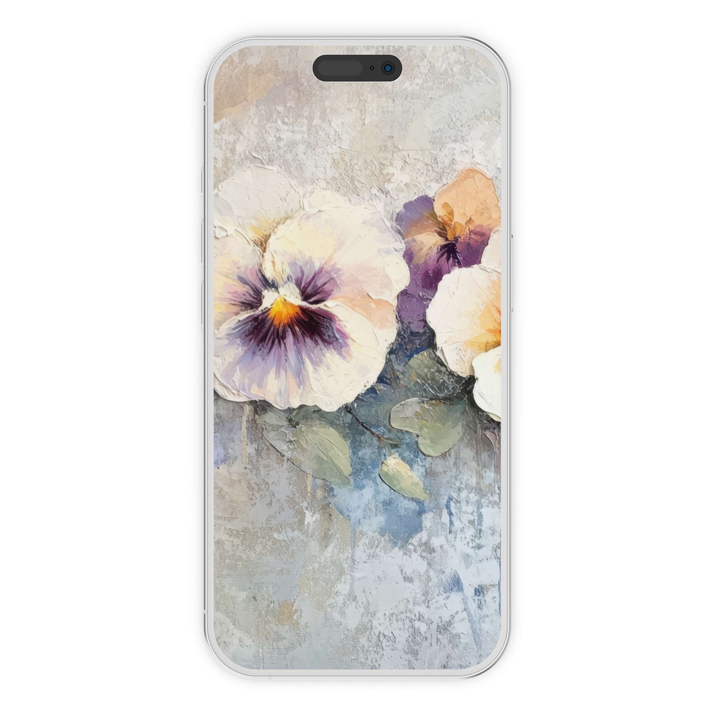 Elegant botanical iPhone wallpaper featuring watercolor pansies on a textured background, perfect for serene digital download phone art