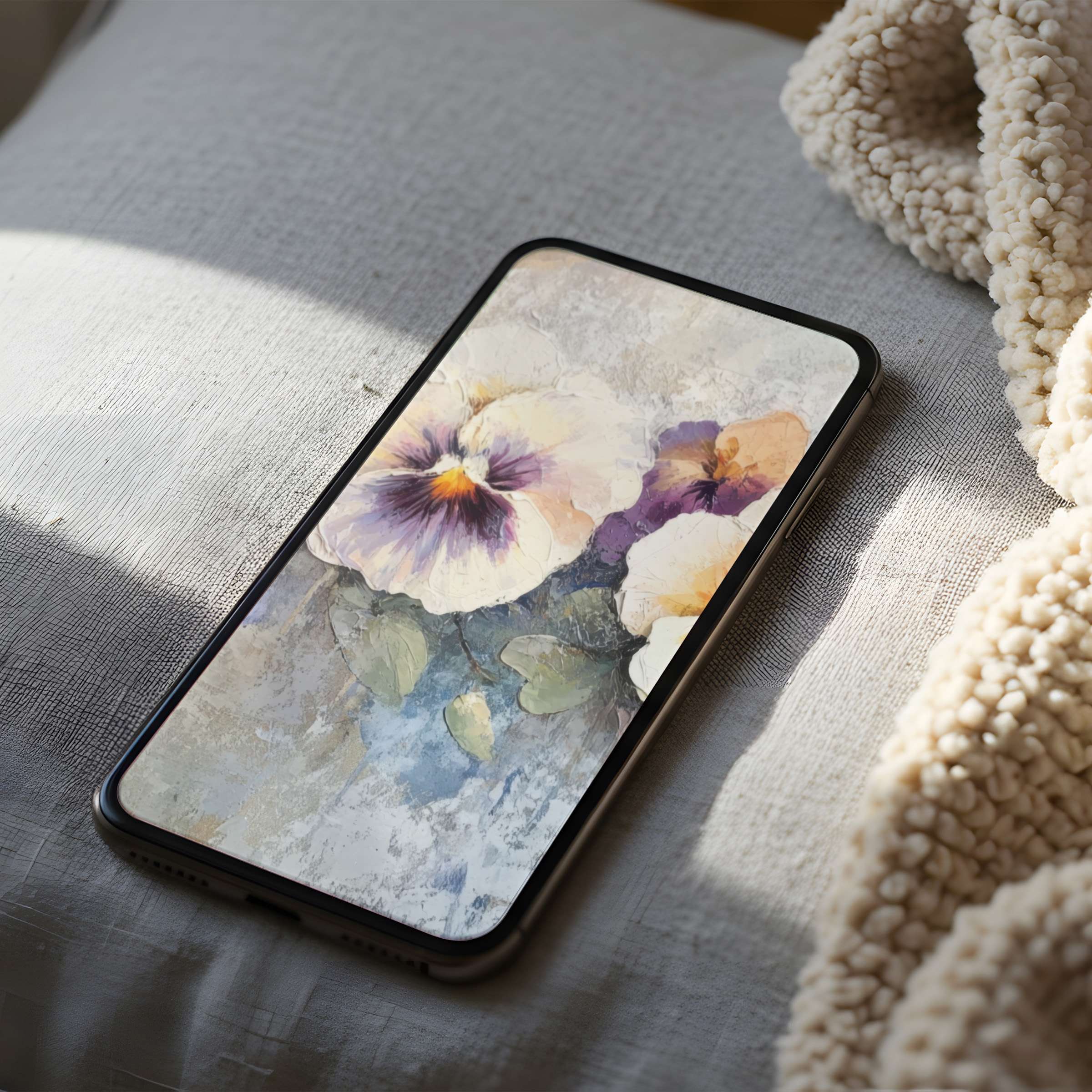 Elegant floral phone wallpaper featuring serene watercolor pansies on high-resolution digital artwork ideal for iPhone and Android devices