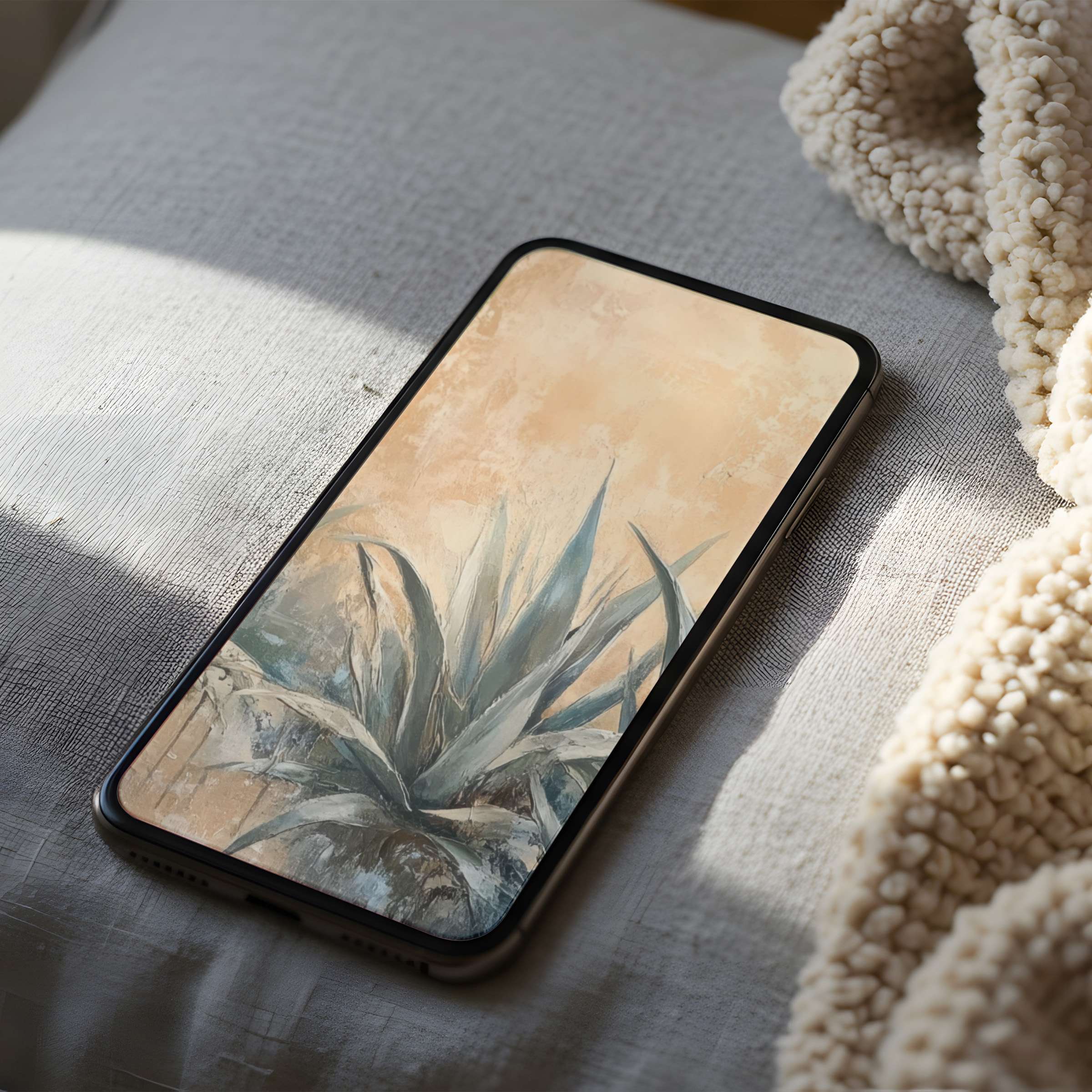 Elegant agave phone wallpaper in soothing beige and blue hues creating a calming ambiance suitable for iPhone and android phones