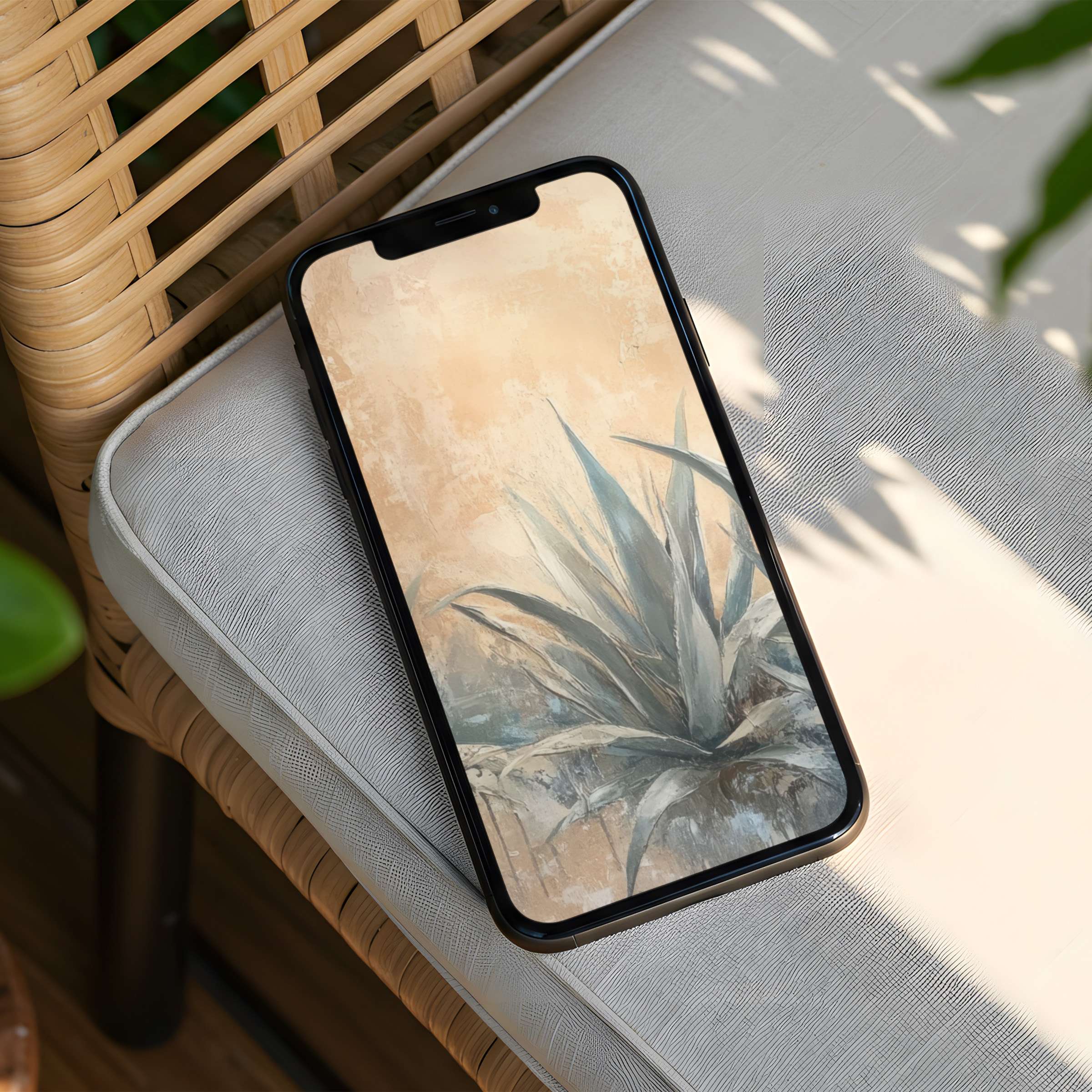 Serene iPhone background with elegant plant art on soft textures offers calm and inspiration for mindful moments instant download phone