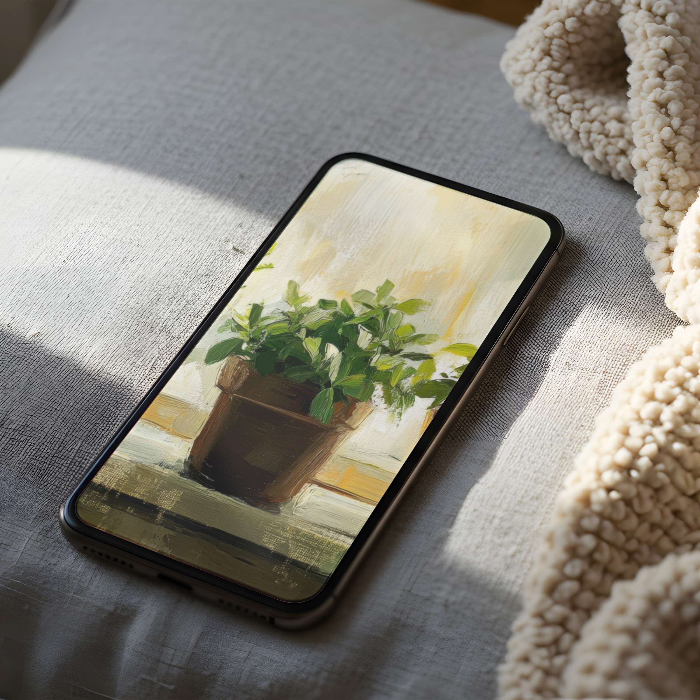 Serene plant painting phone wallpaper in high resolution enhances your digital space with calm elegance, suitable for iPhone and Android