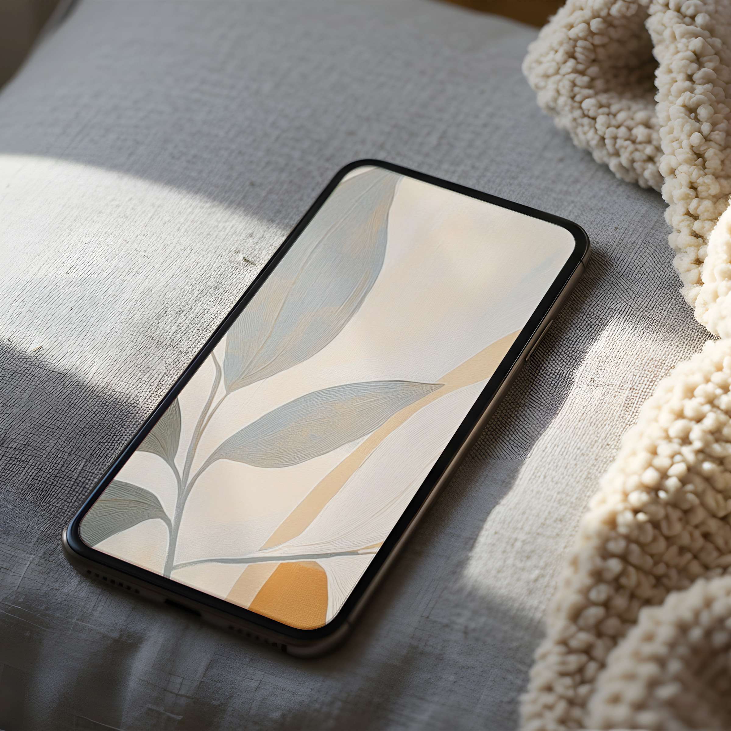 Elegant phone wallpaper featuring serene abstract leaves in soft earth tones, perfect as a high-resolution digital download for iPhone and Android