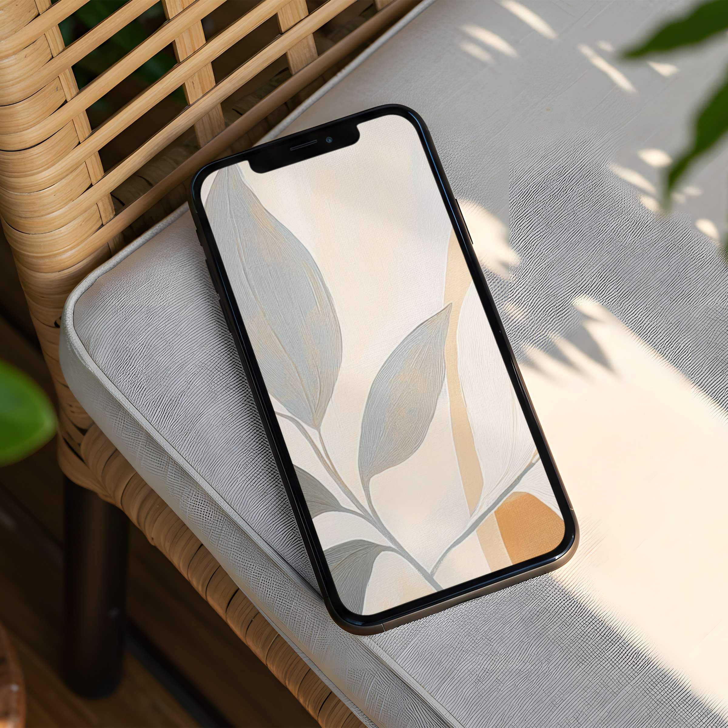 Elegant iPhone background featuring minimalist leaves in soft pastel hues for instant download to enhance phone aesthetics and mindfulness
