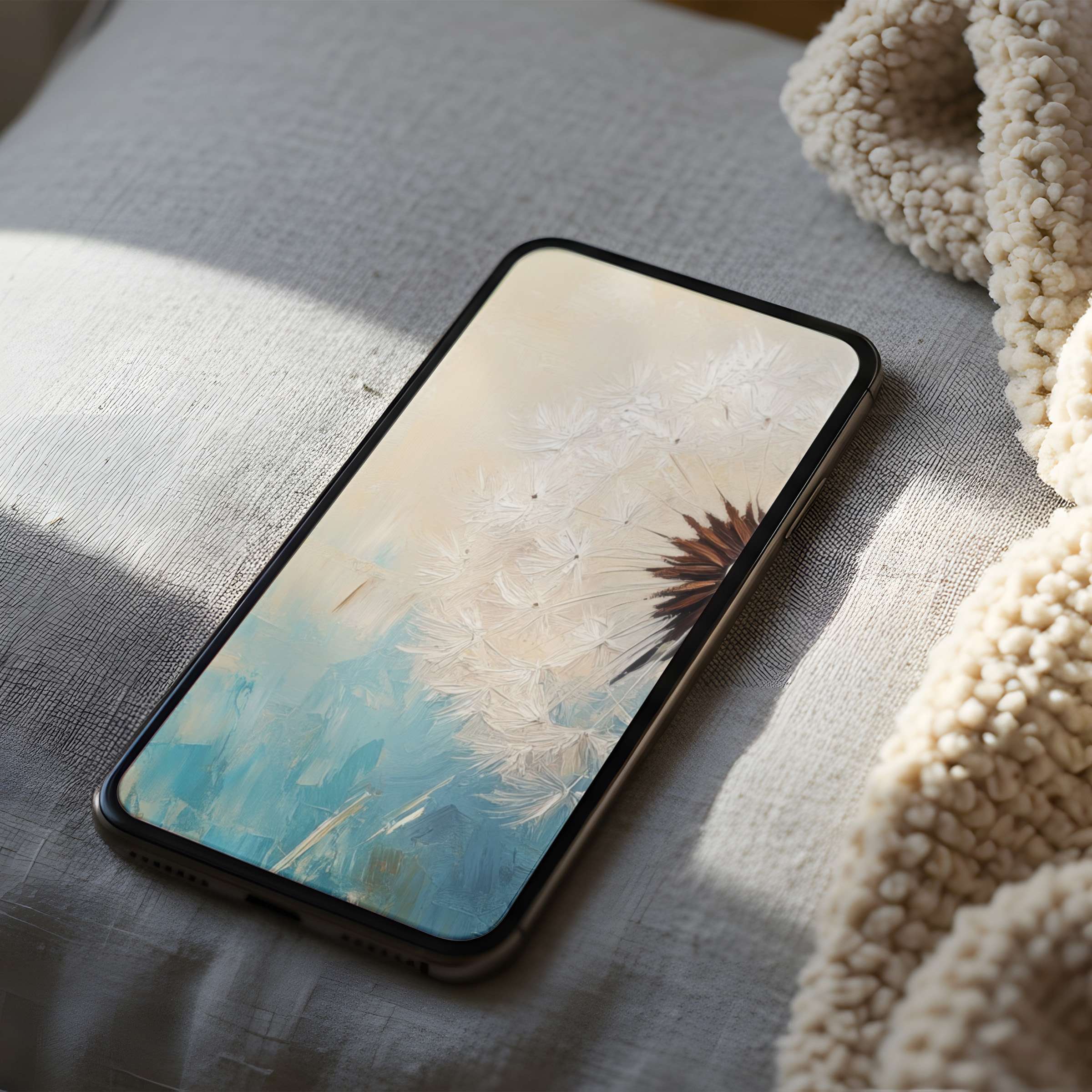 Elegant dandelion-themed phone wallpaper in high resolution, blending soothing blue and cream tones for iPhone and Android digital download