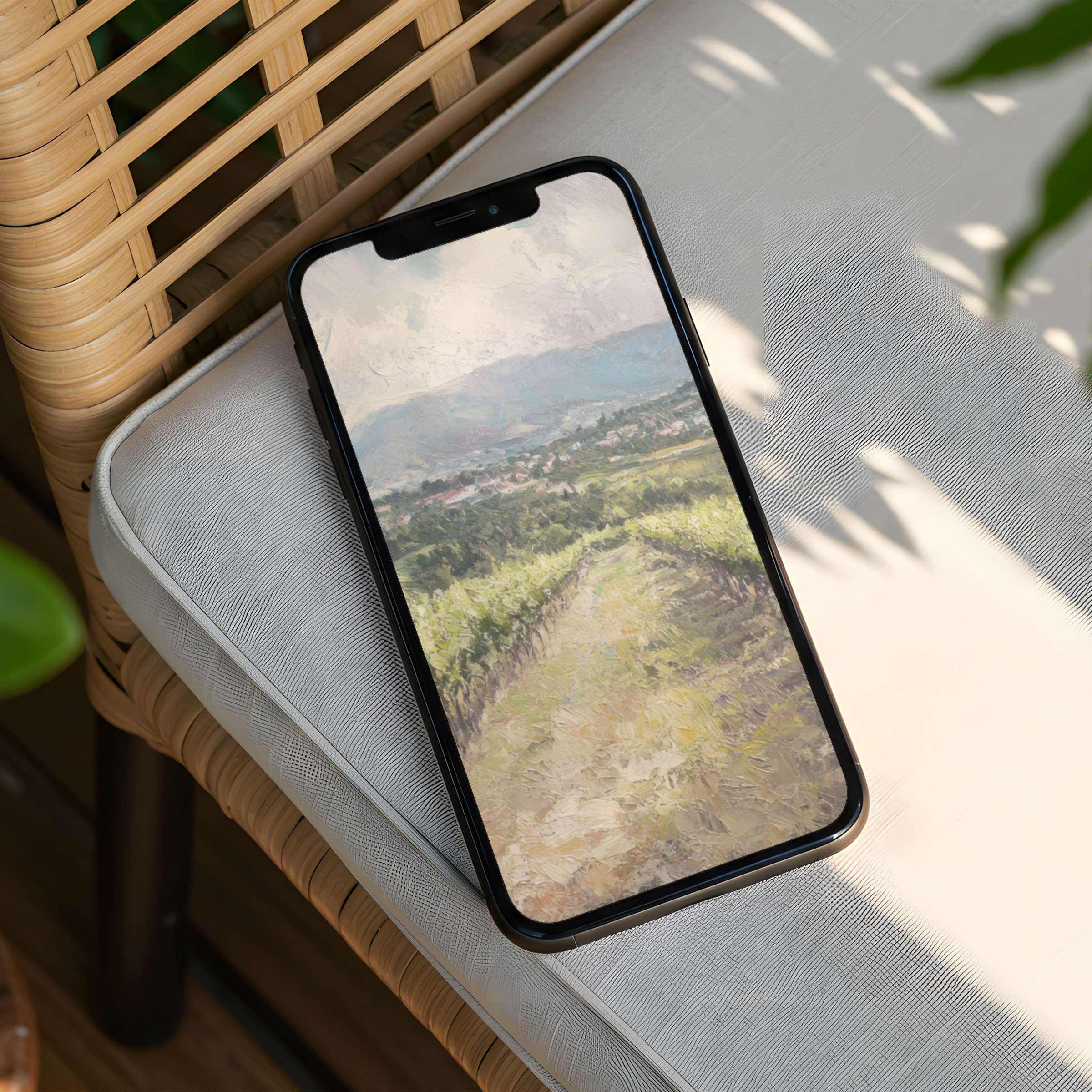 Elegant iPhone background featuring a serene vineyard landscape painting, perfect for instant download on your phone to inspire calm mindfulness