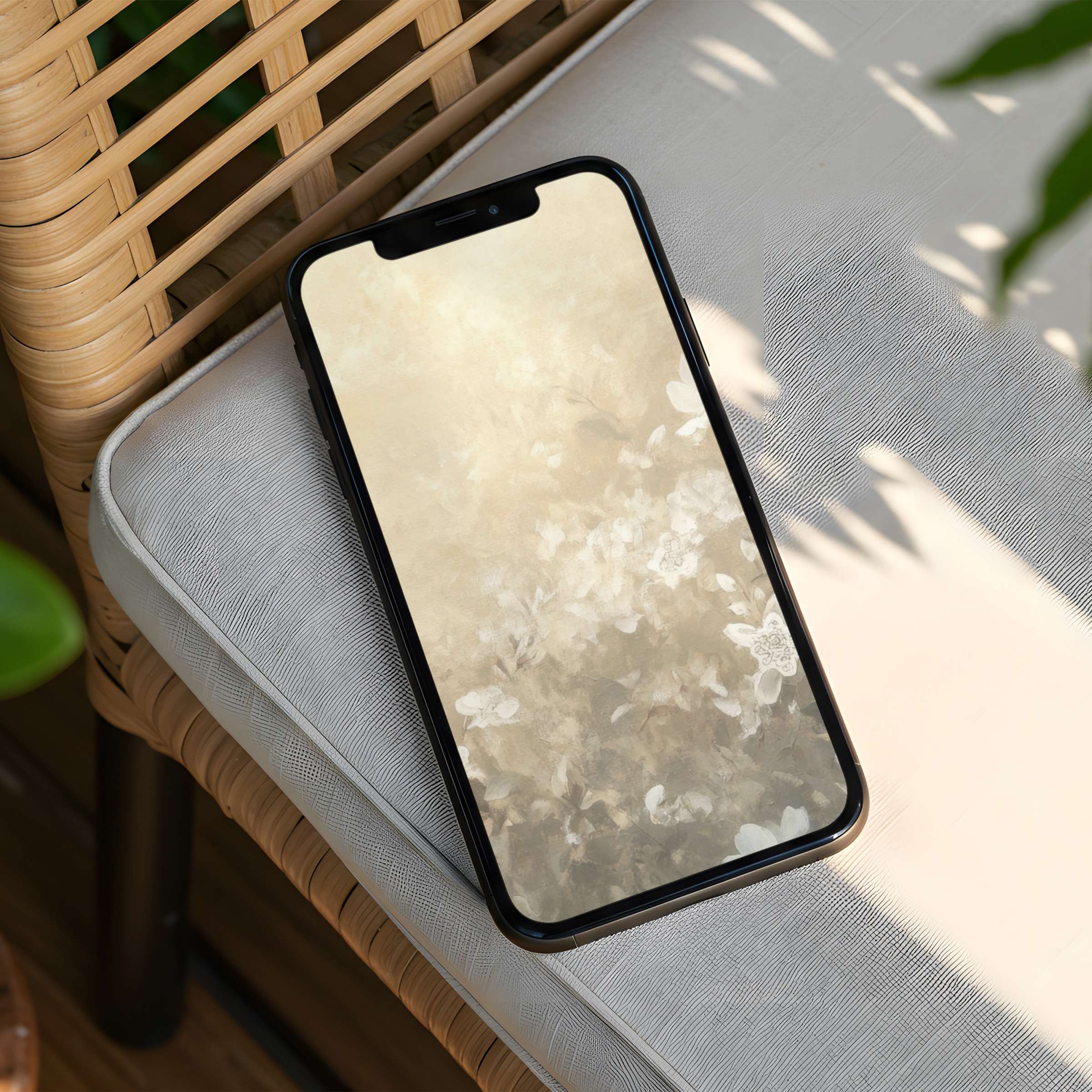 Elegant iPhone background in soothing beige tones with floral texture offers instant download for phone, inspiring calm and mindfulness