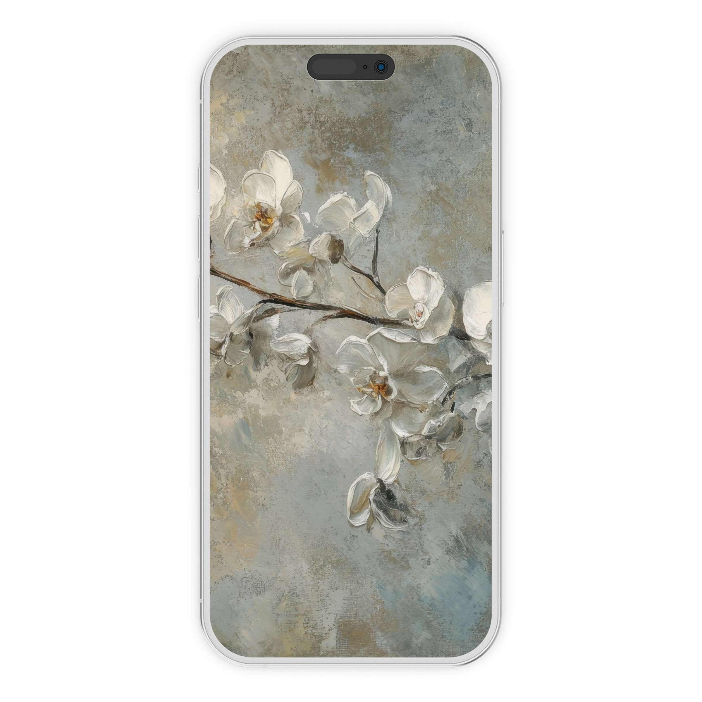 Elegant botanical iPhone wallpaper featuring serene white blossoms on a textured backdrop ideal for phone backgrounds digital download