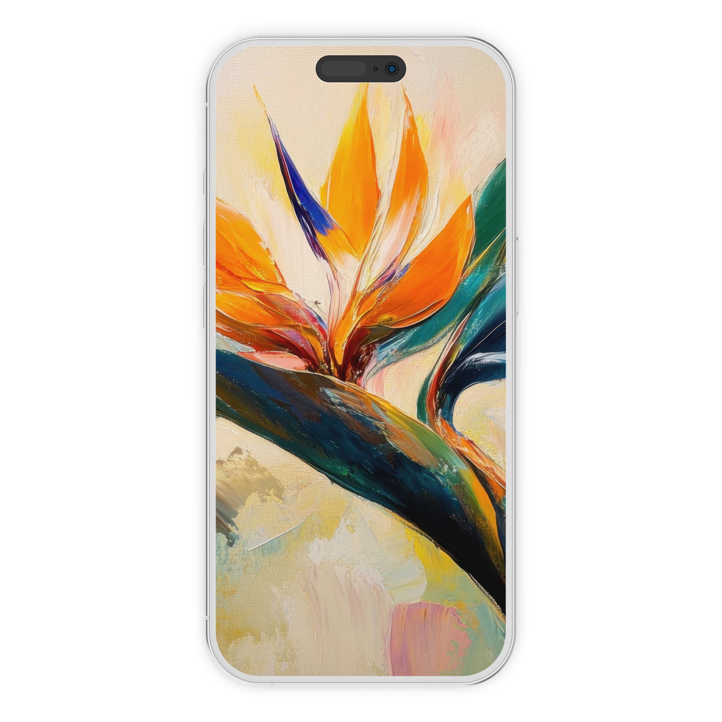 Vibrant botanical iPhone wallpaper featuring bold brushstrokes of orange and blue for an inspiring phone background digital download