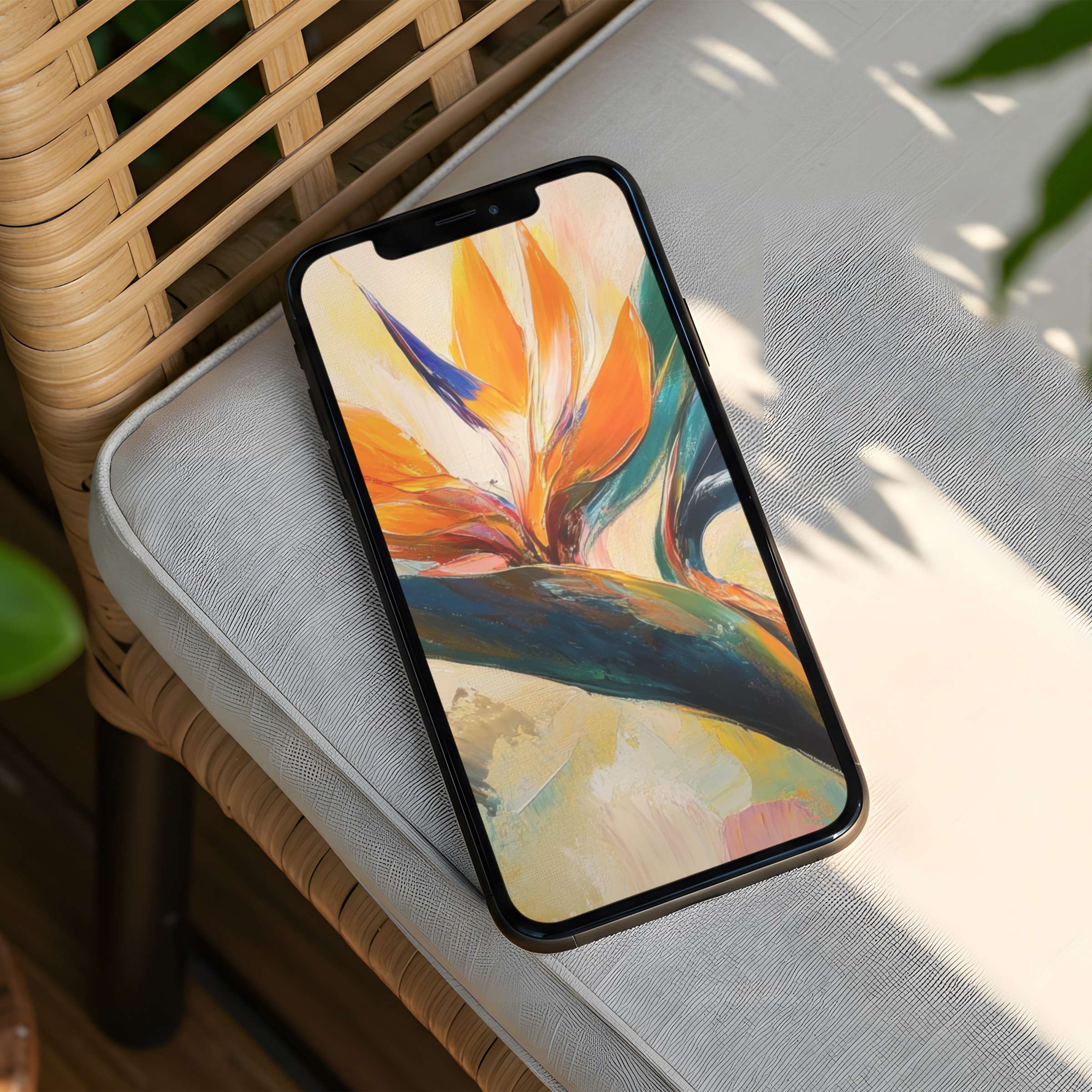Elegant tropical artwork with warm hues creates a serene iPhone background for instant download to fit any phone, inspiring calm
