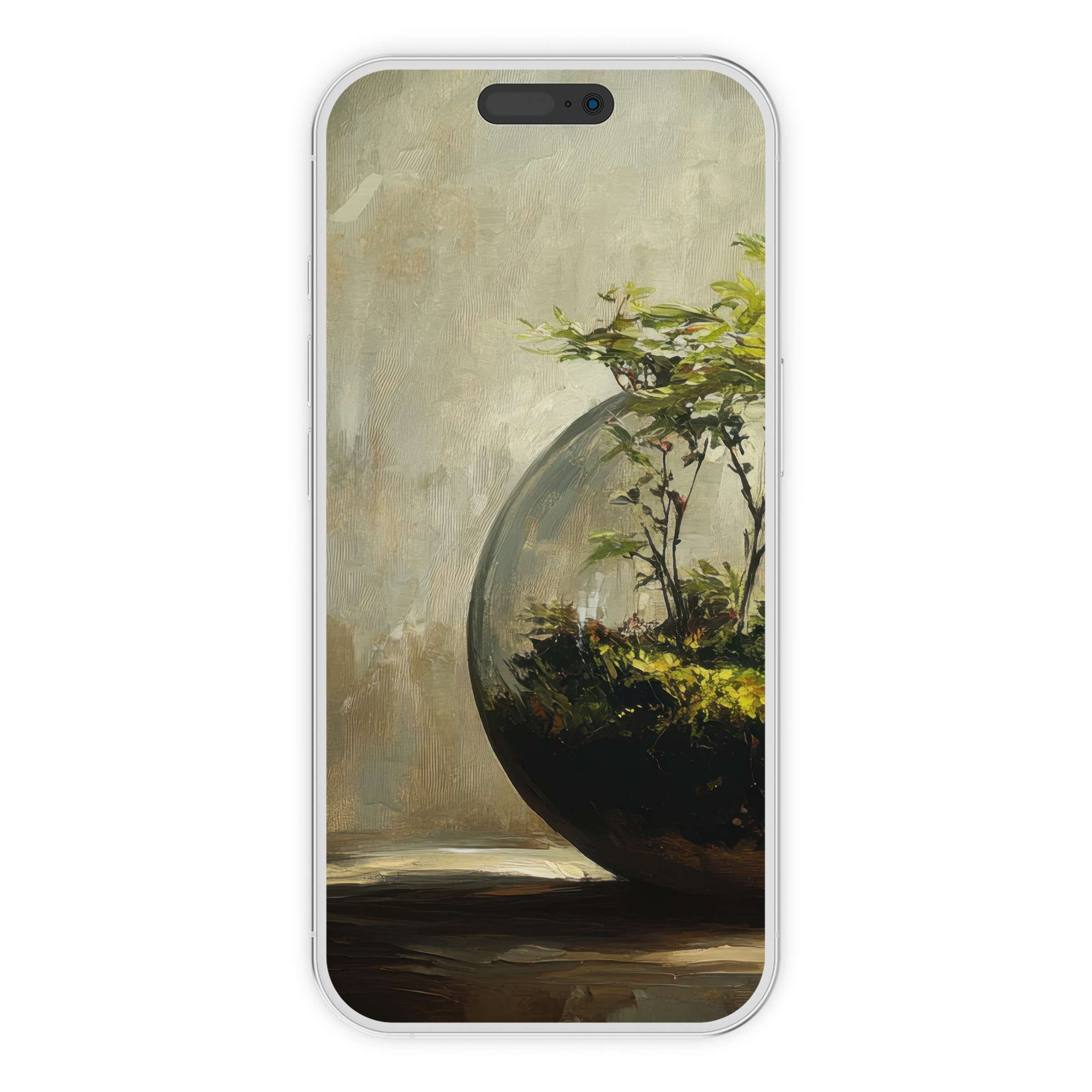 Elegant botanical iPhone wallpaper with lush terrarium, perfect phone background for calm aesthetics via digital download