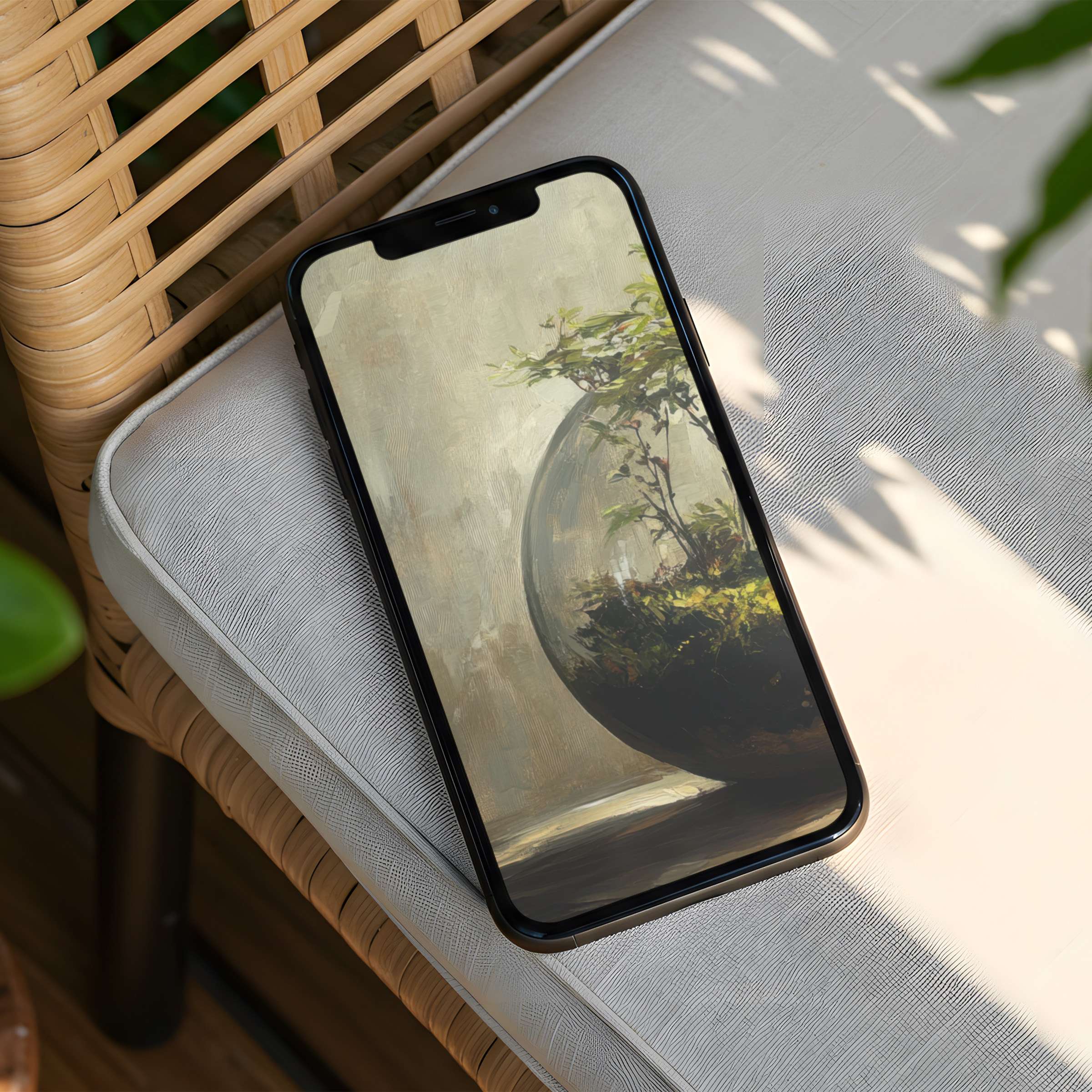 Elegant iPhone background featuring tranquil plant art in earthy tones for calm inspiration fits all phones instant download