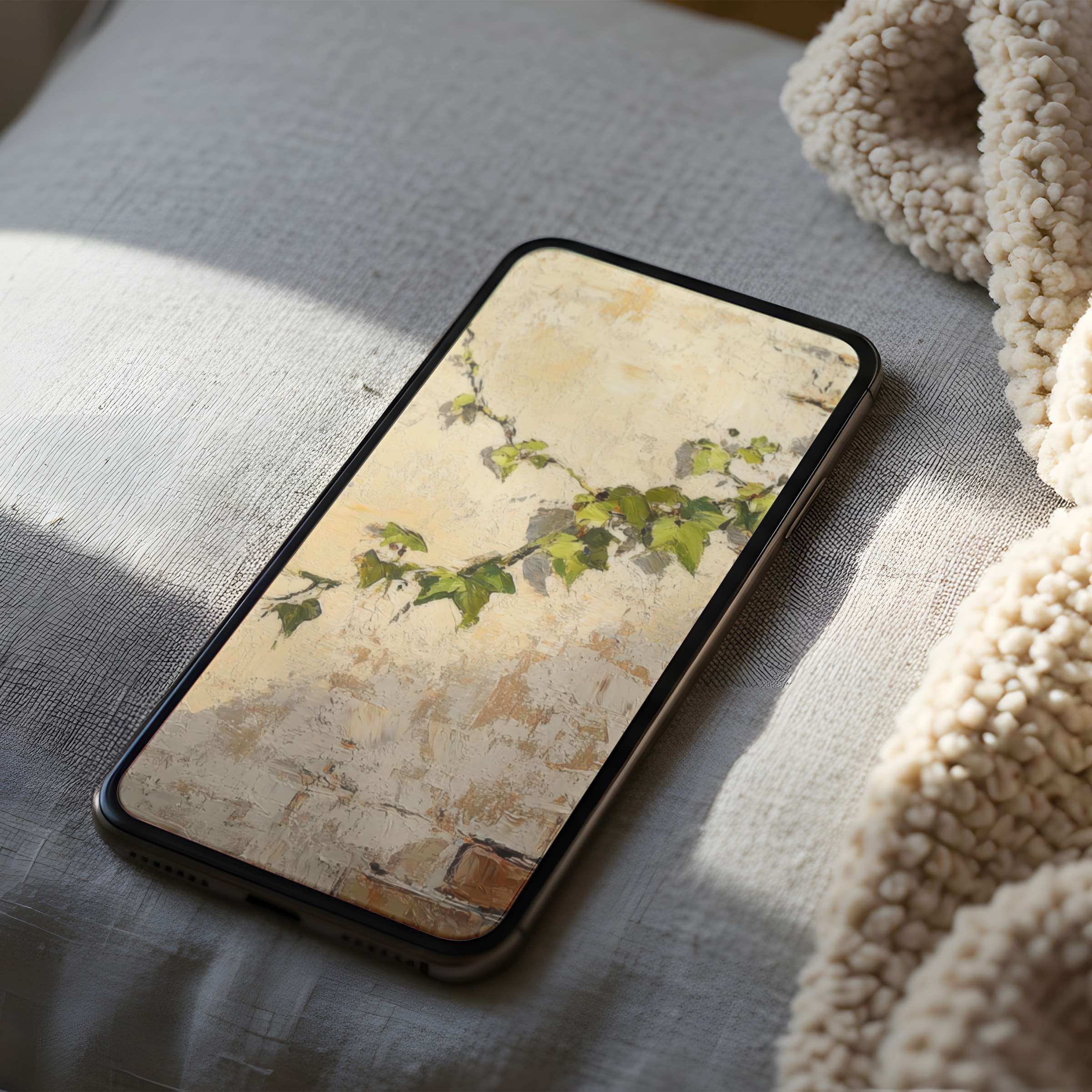 Elegant botanical phone wallpaper featuring lush green vines on a textured beige background, perfect for iPhone and Android high-resolution downloads