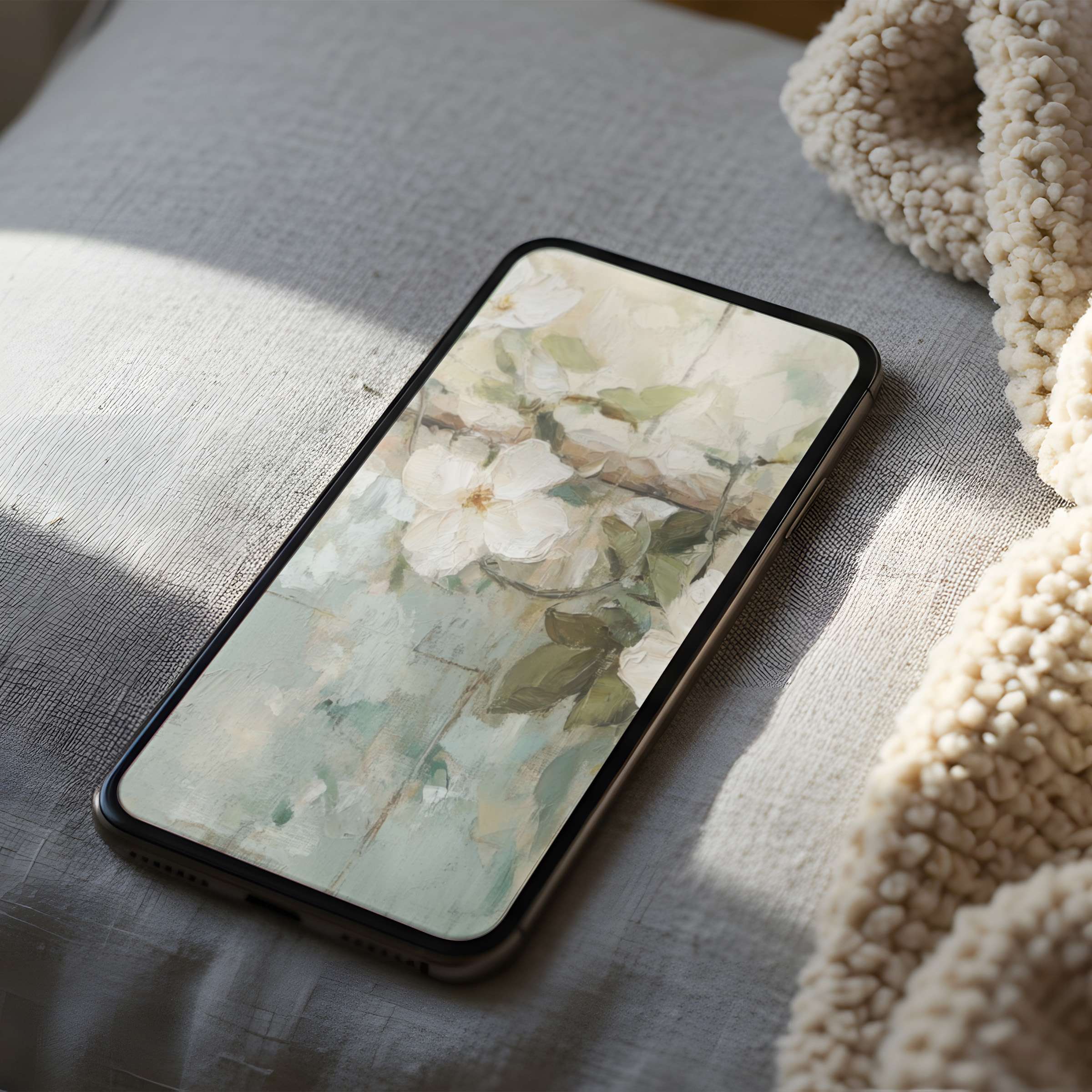 Elegant floral phone wallpaper in calming pastels, perfect for high-resolution iPhone and Android displays, available as digital download