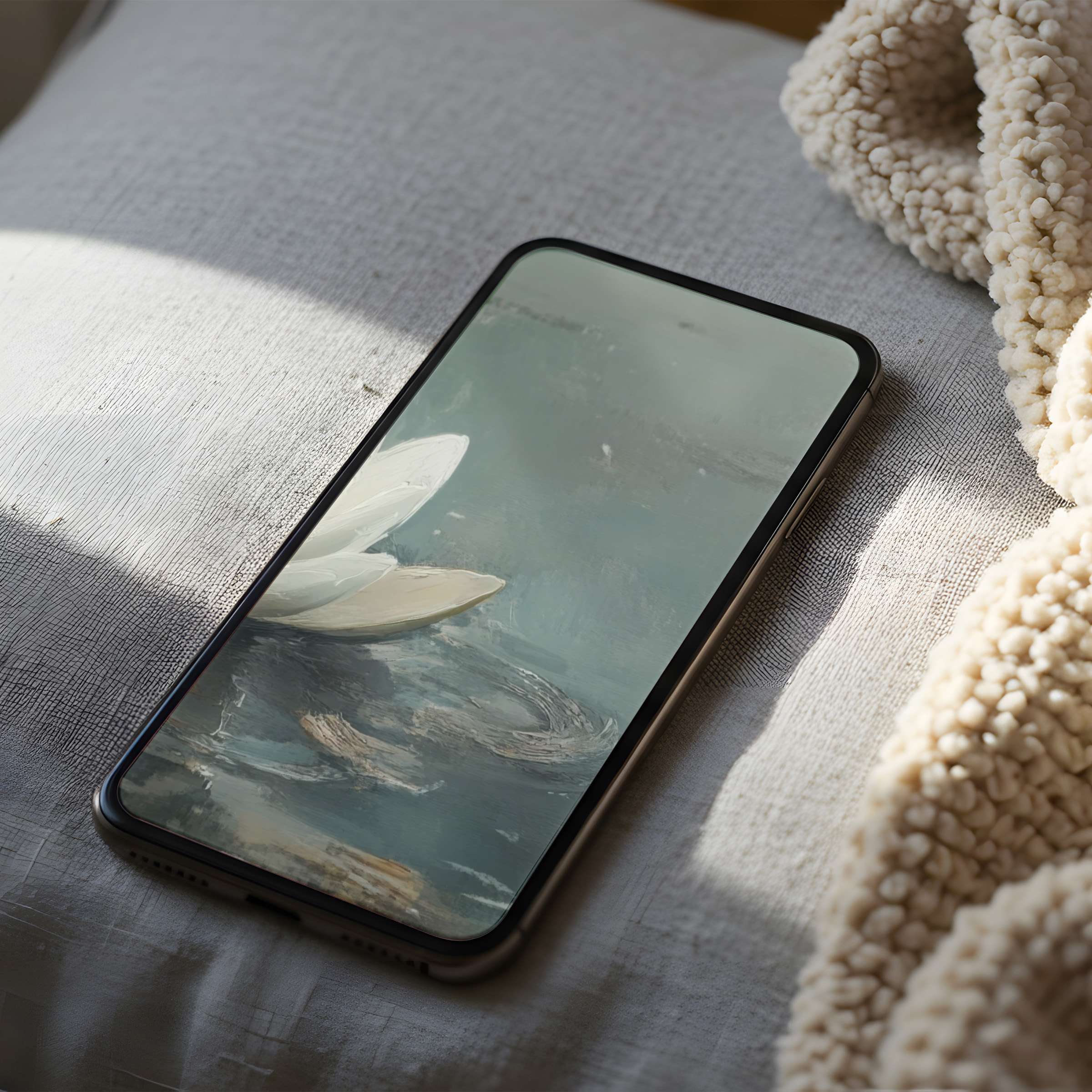 Elegant phone wallpaper featuring serene abstract lotus painting in soft muted tones ideal for high-resolution iPhone and Android downloads