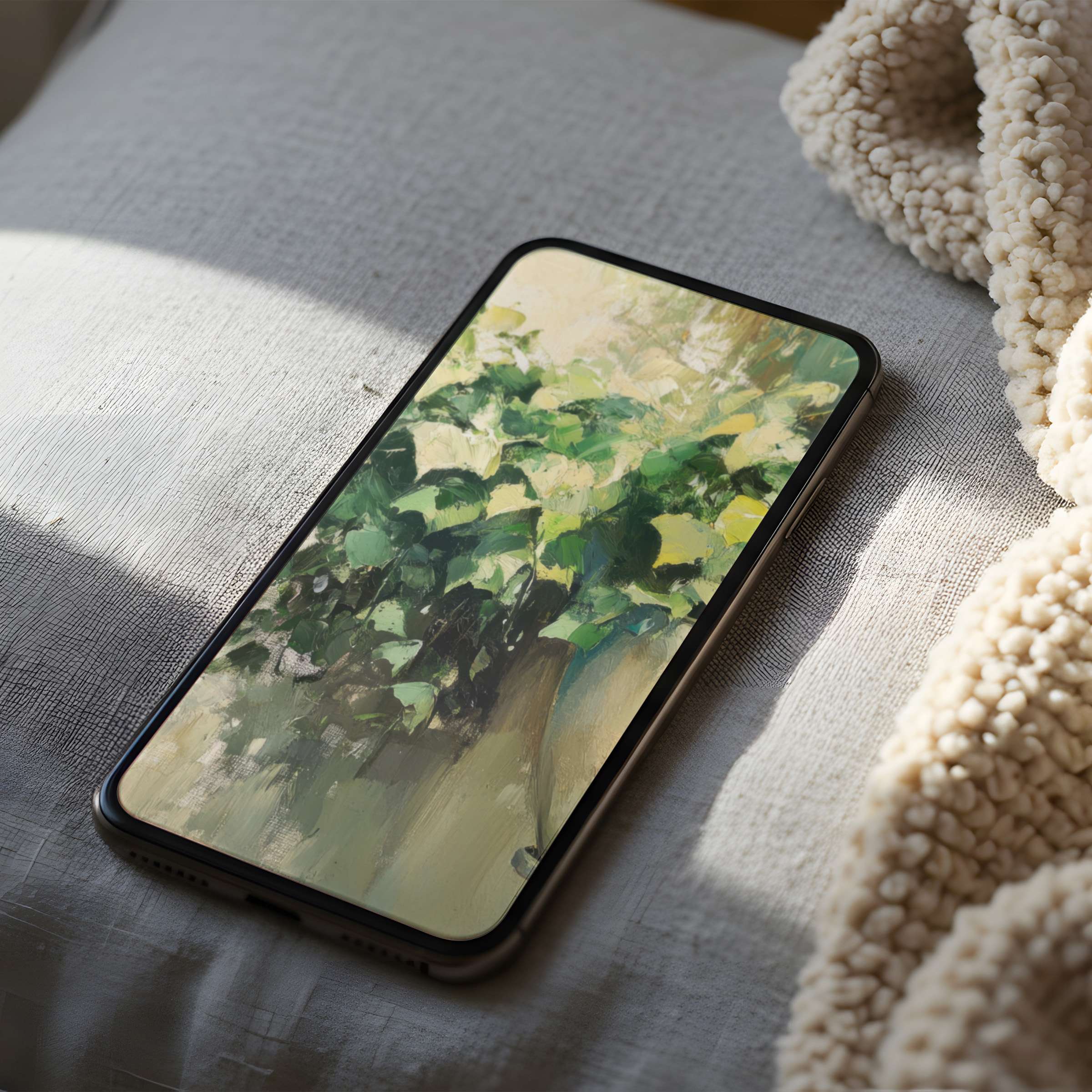 Bright green foliage phone wallpaper on high-resolution display, elegantly placed on fabric, perfect for iPhone and Android, digital download