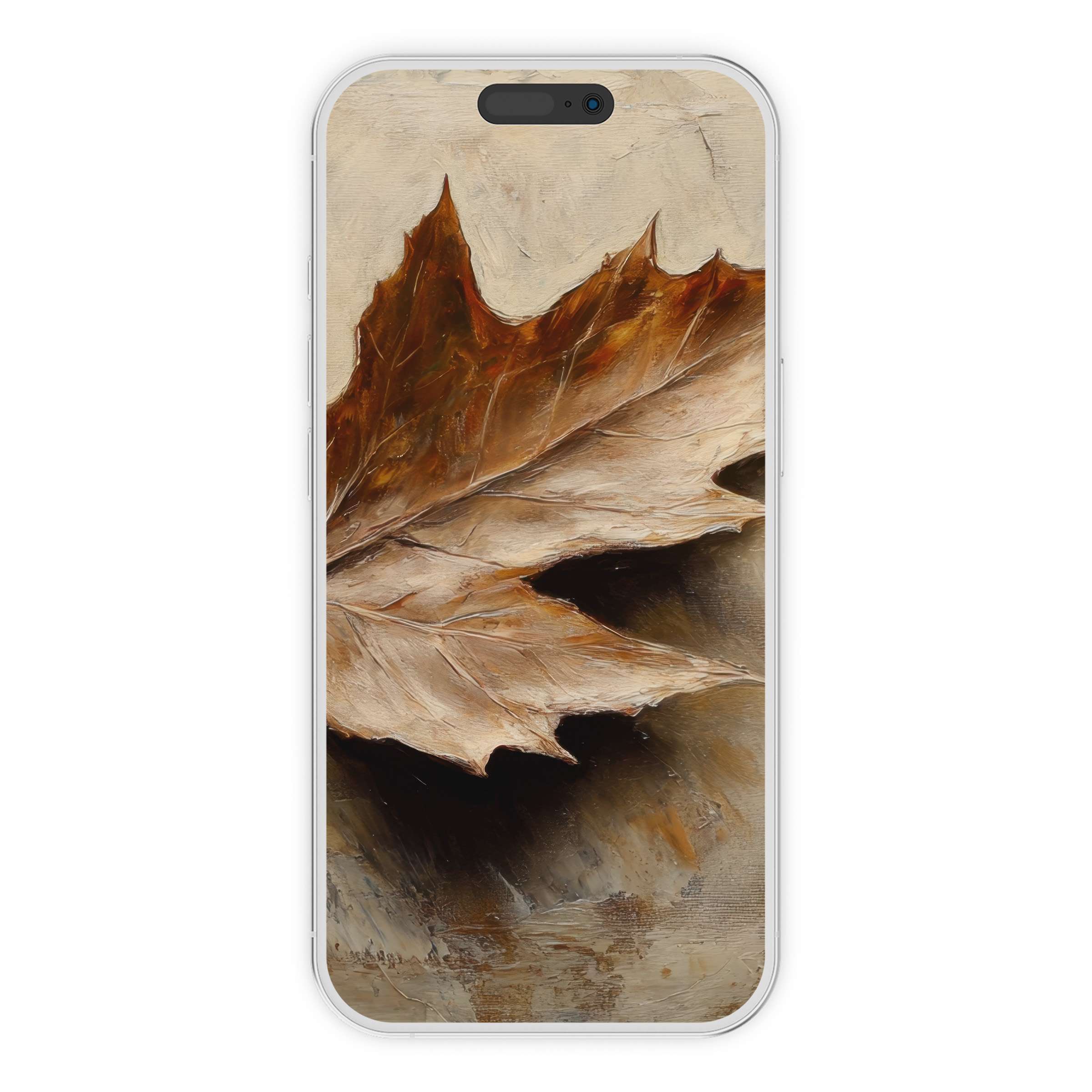Elegant botanical iPhone wallpaper with a textured autumn leaf painting, offering a serene phone background digital download for all devices