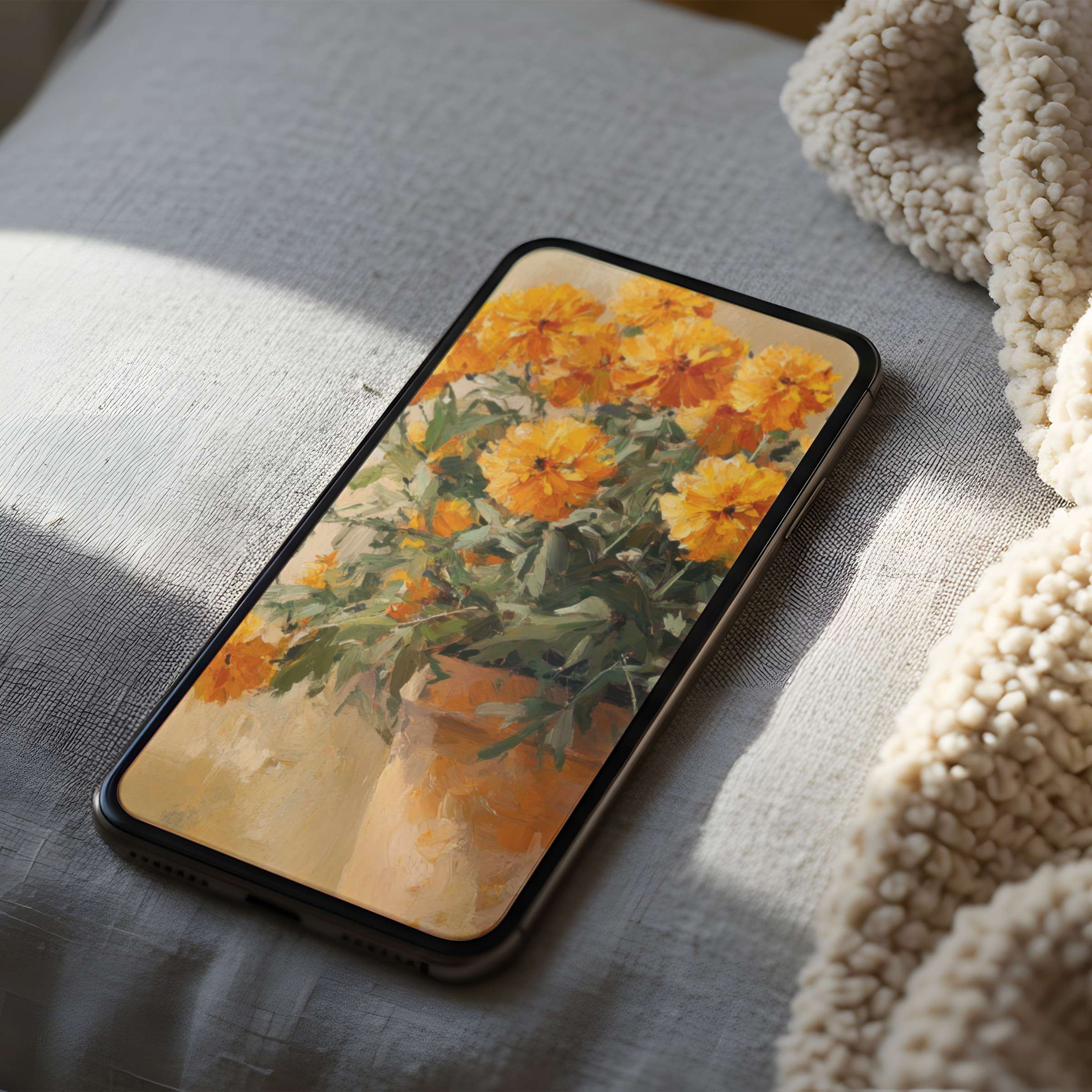 Elegant phone wallpaper featuring vibrant marigolds in warm hues, ideal for iPhone or Android, offering a calming digital download