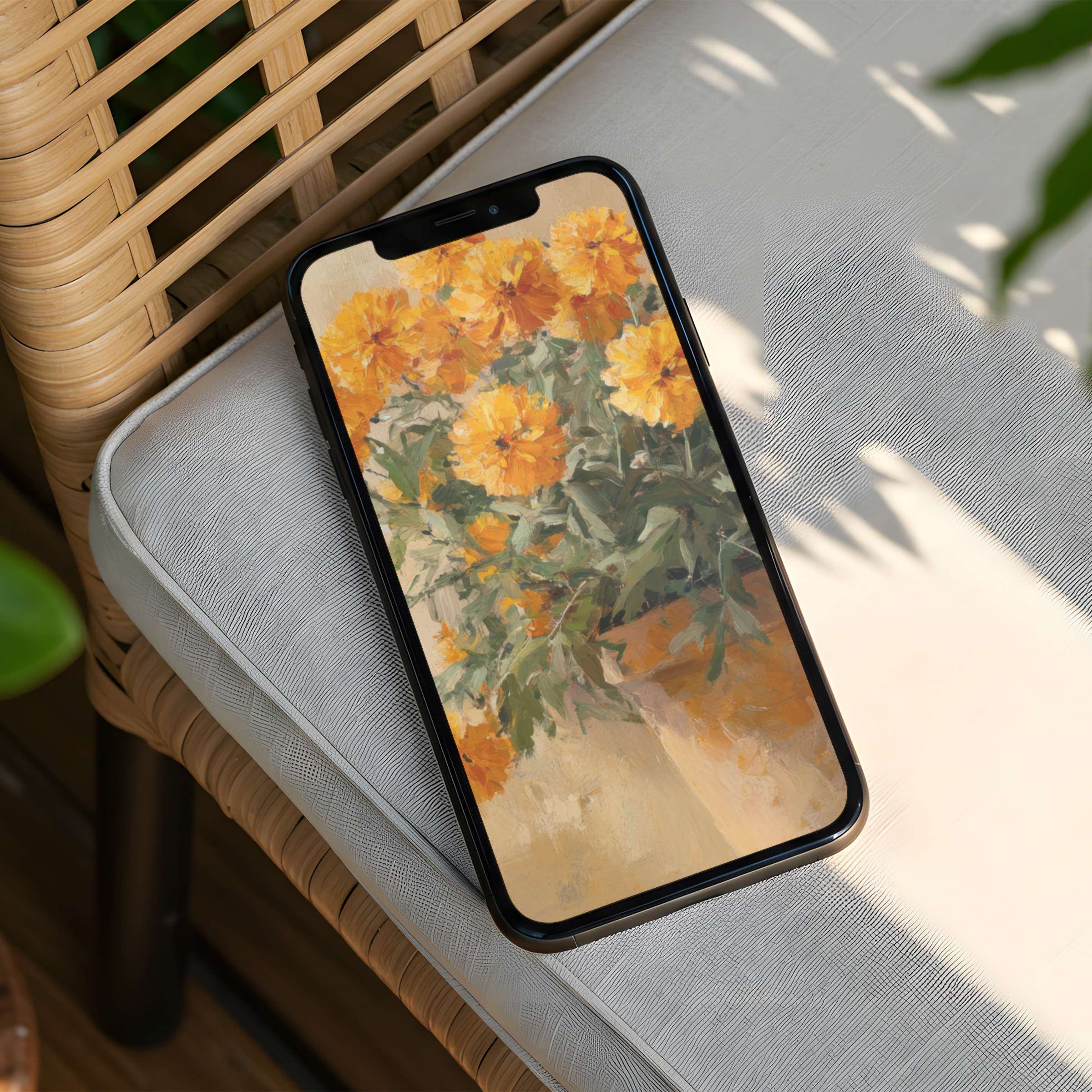 Elegant floral iPhone background with warm orange hues inspires calm and mindfulness available as instant download for any phone
