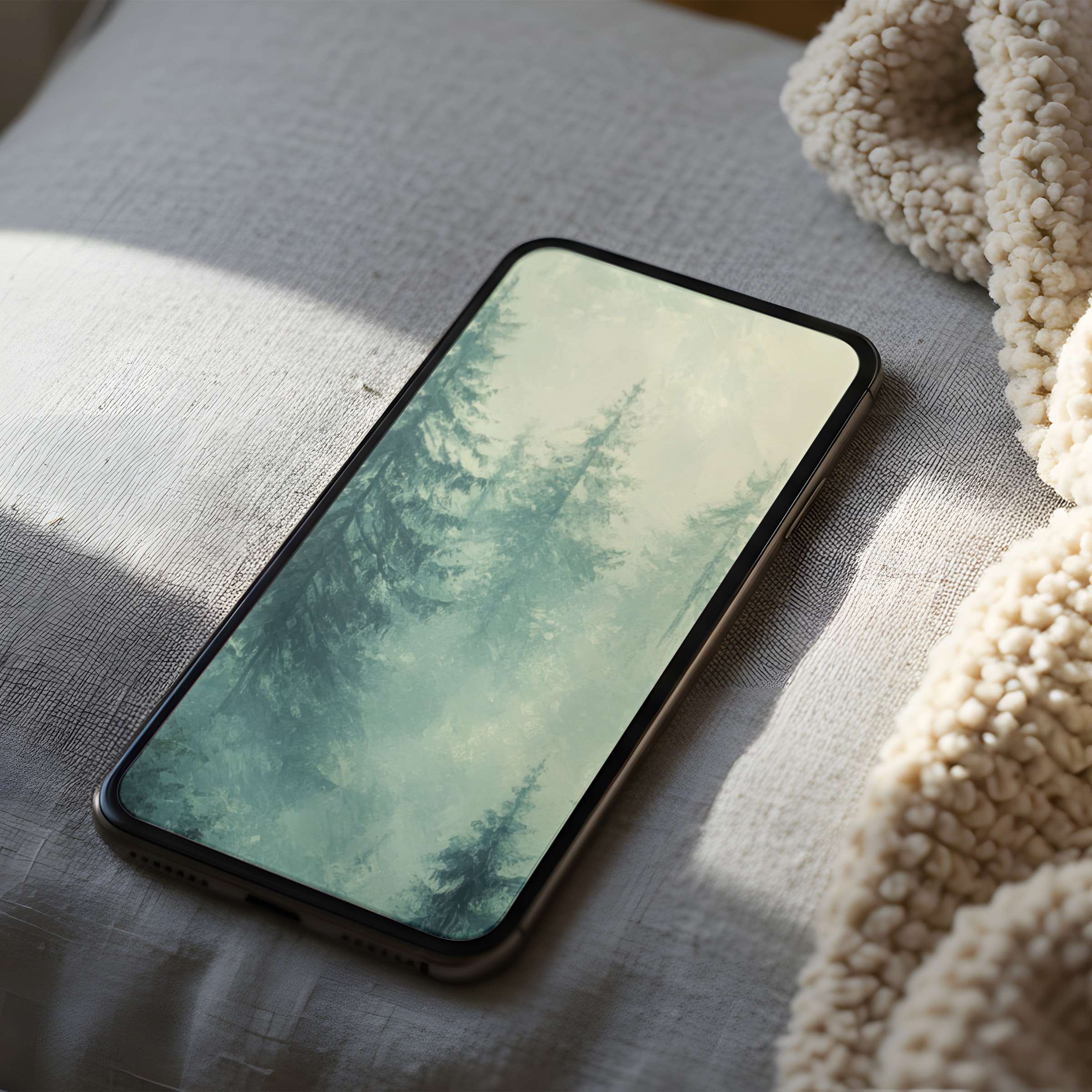 Calming forest-themed phone wallpaper in high resolution, perfect for iPhone, enhancing your phone's aesthetics with elegance and tranquility