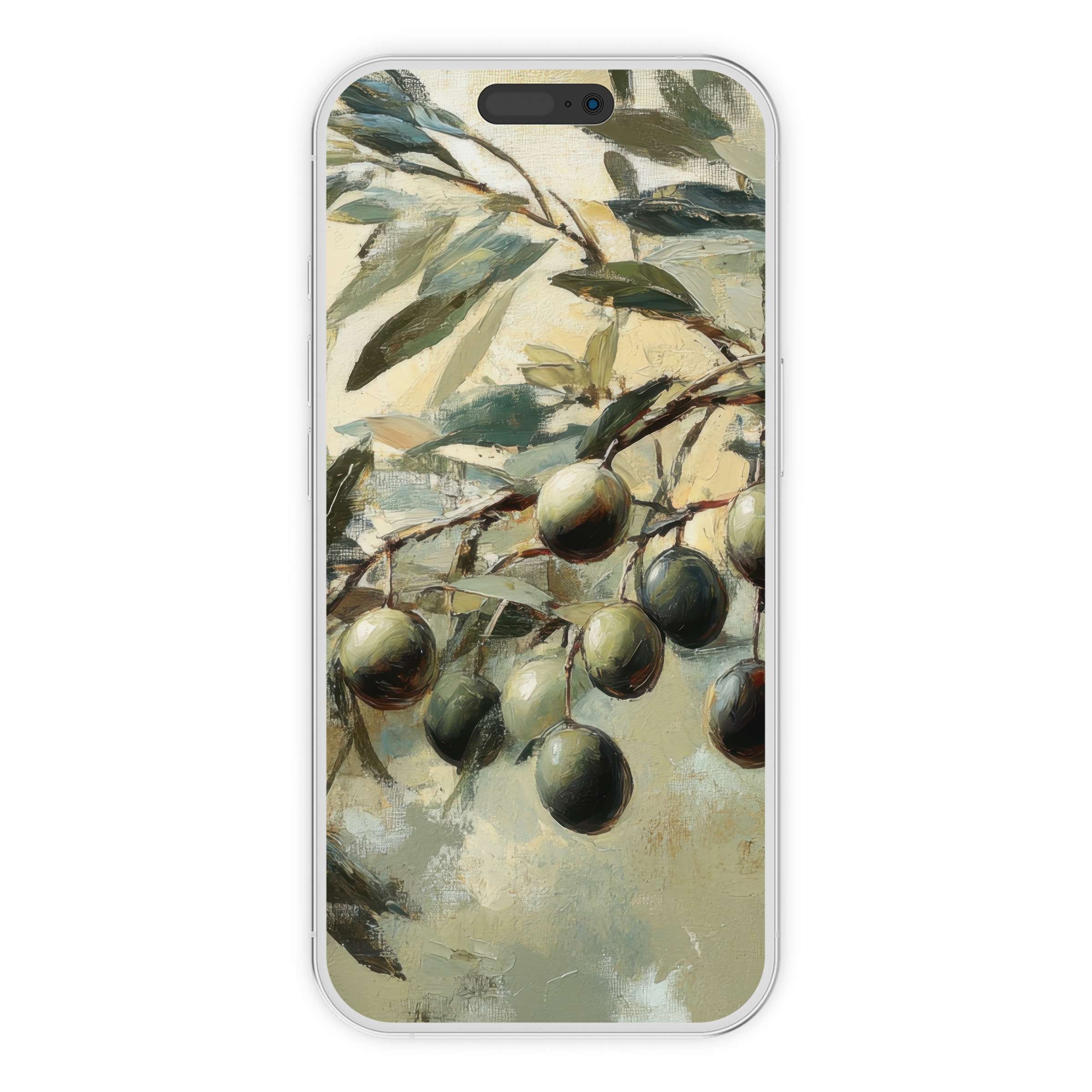 Serene botanical iPhone wallpaper featuring lush olives and leaves offers a calming background for your phone digital download available