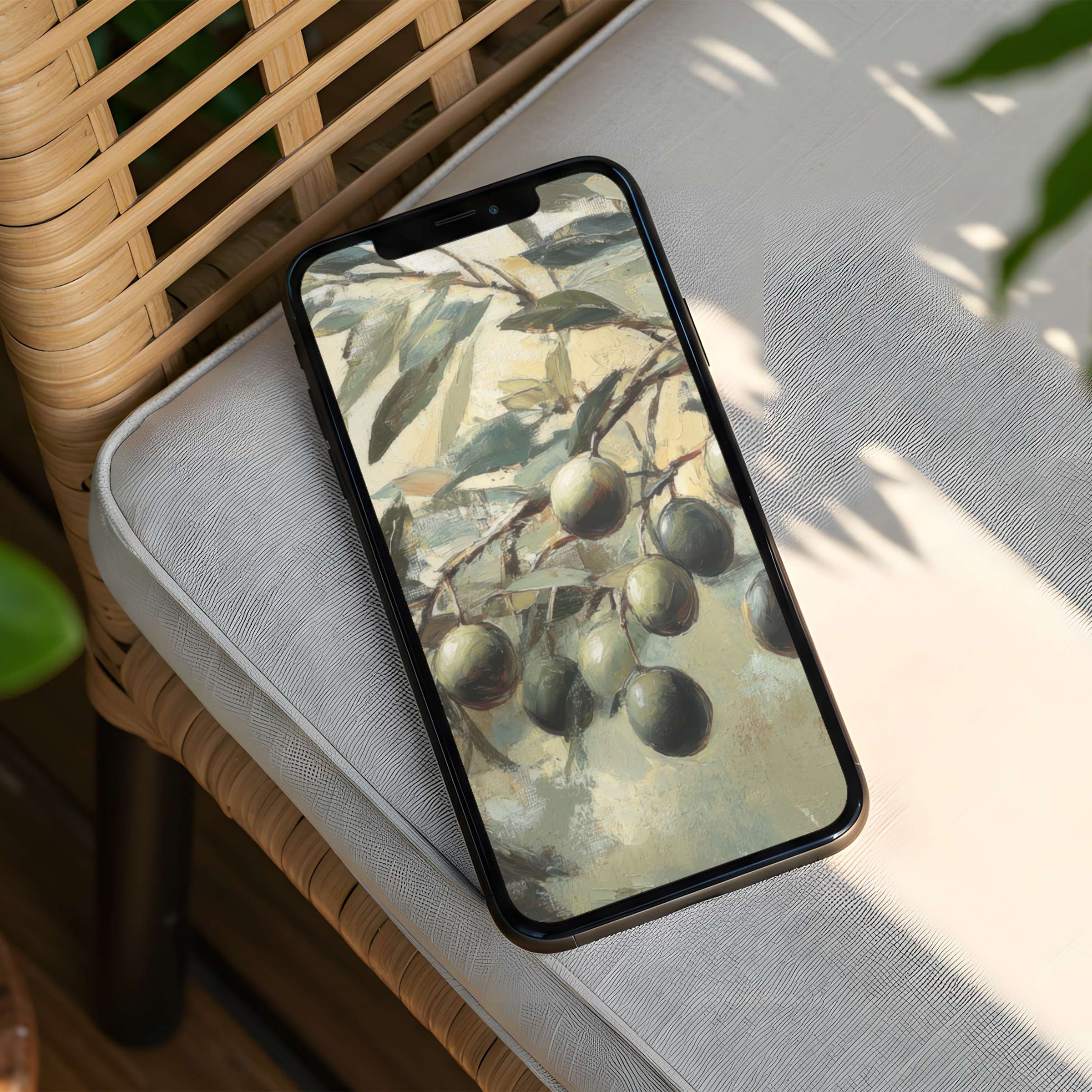 Elegant iPhone background featuring serene olive branches in soft pastels for instant download on any phone inspiring calm and mindfulness