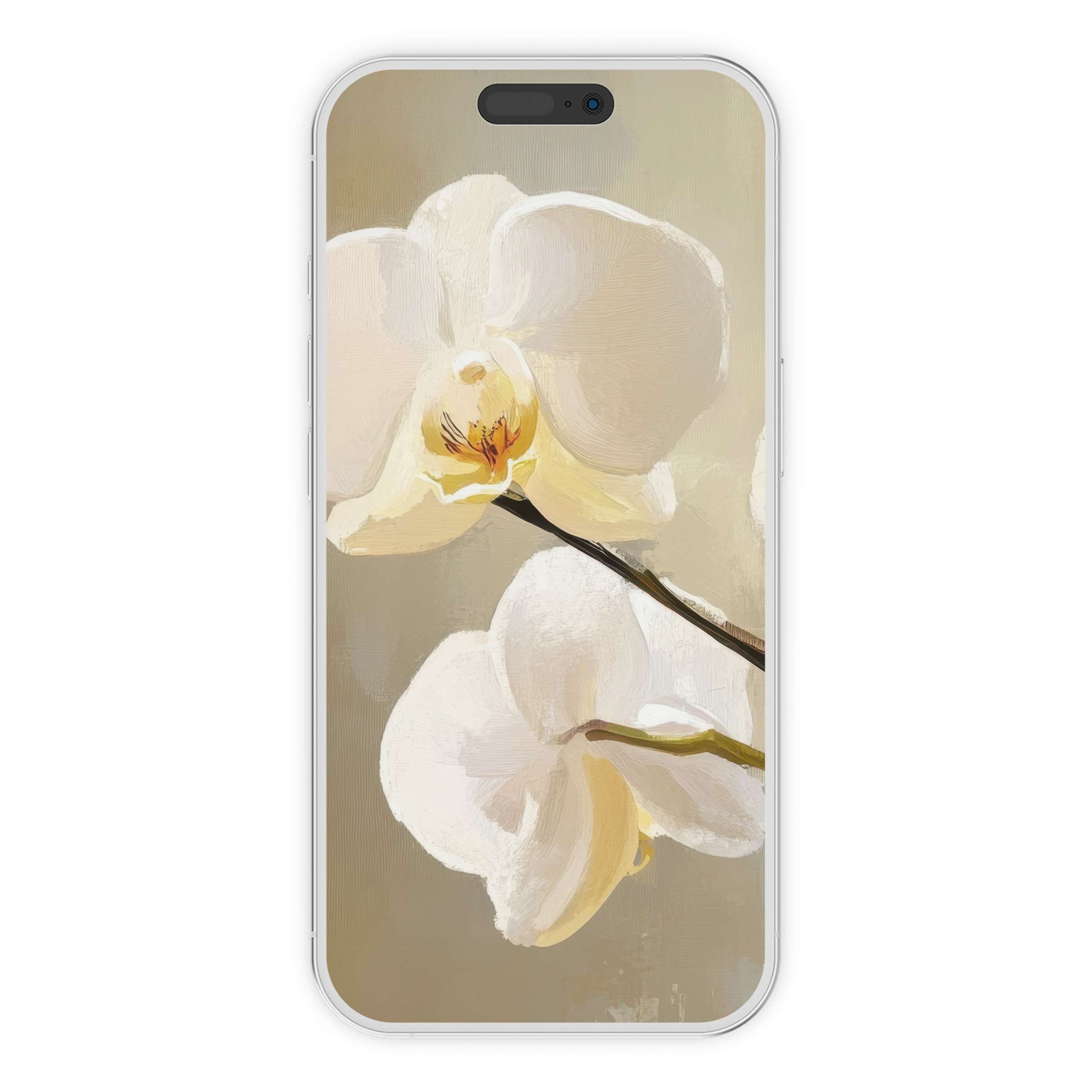 Elegant botanical iPhone wallpaper featuring soft white orchids on a muted background digital download for serene phone aesthetics