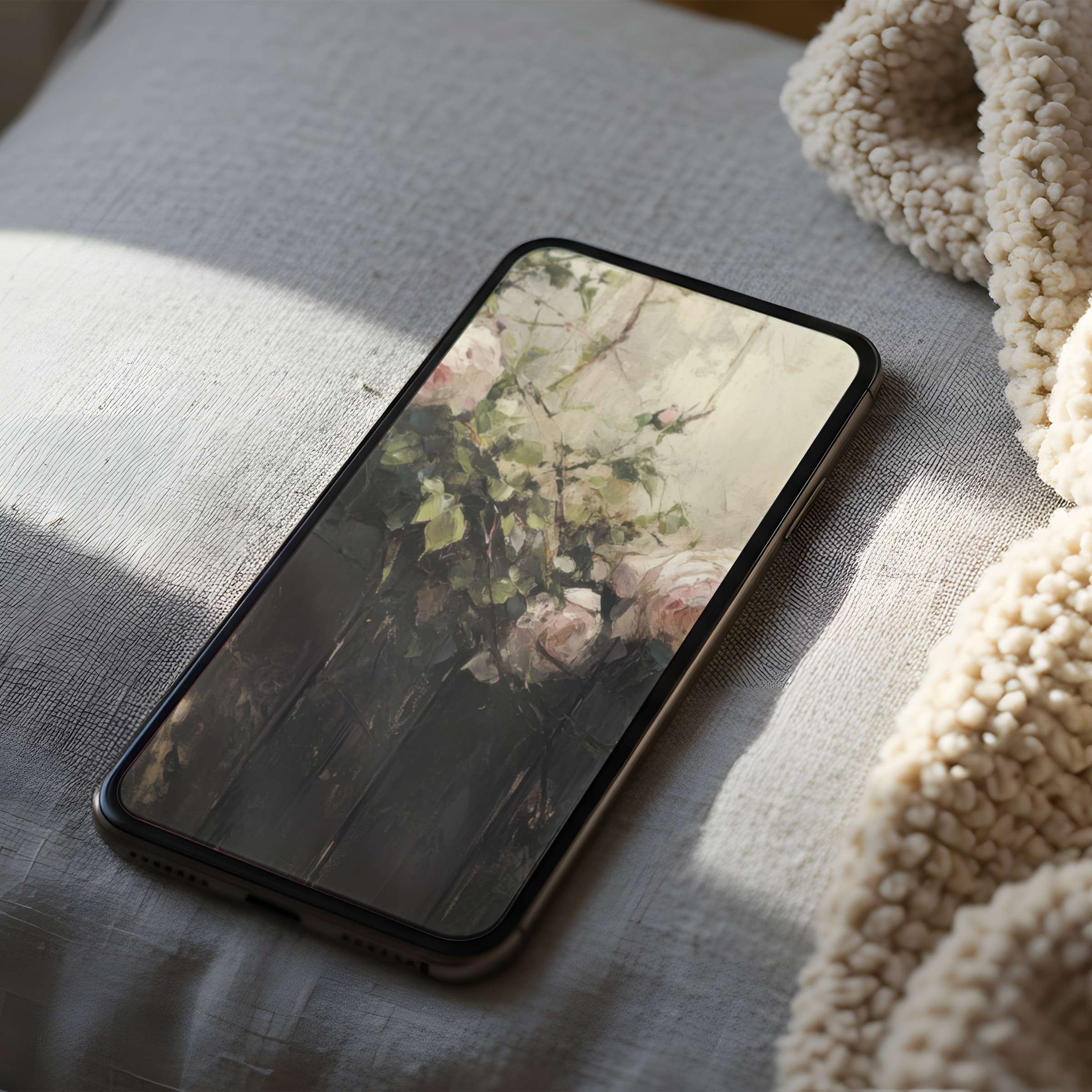 Attractive phone wallpaper featuring an impressionist floral motif in soft pastels perfect for iPhone and android digital download