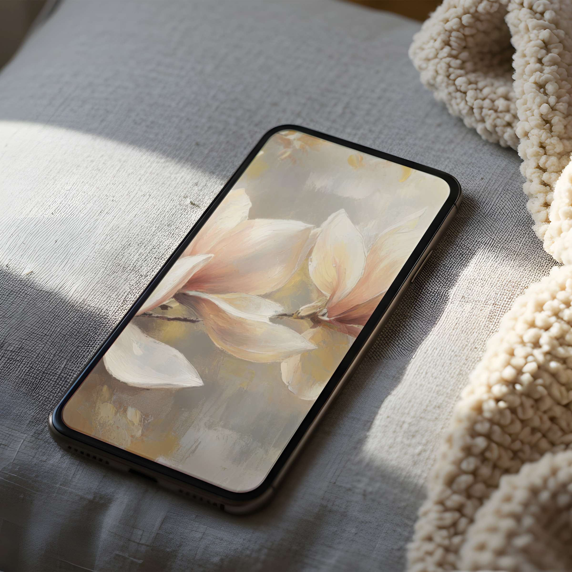 Elegant floral phone wallpaper featuring soft pastel blooms in high resolution on a cozy bed setting perfect for digital download