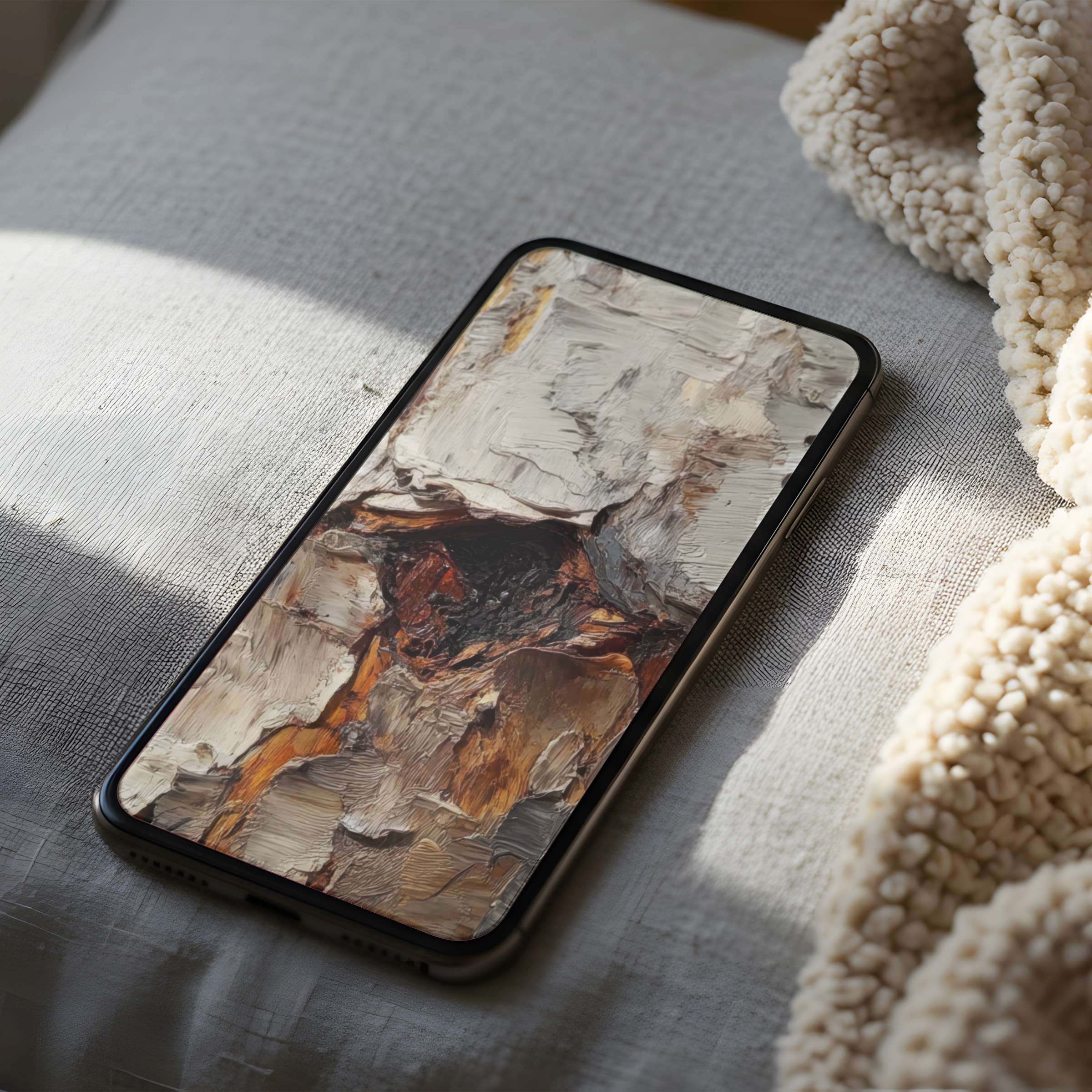 Elegant phone wallpaper featuring textured abstract art on a soft backdrop enhances iPhone and Android screens with curated design tranquility
