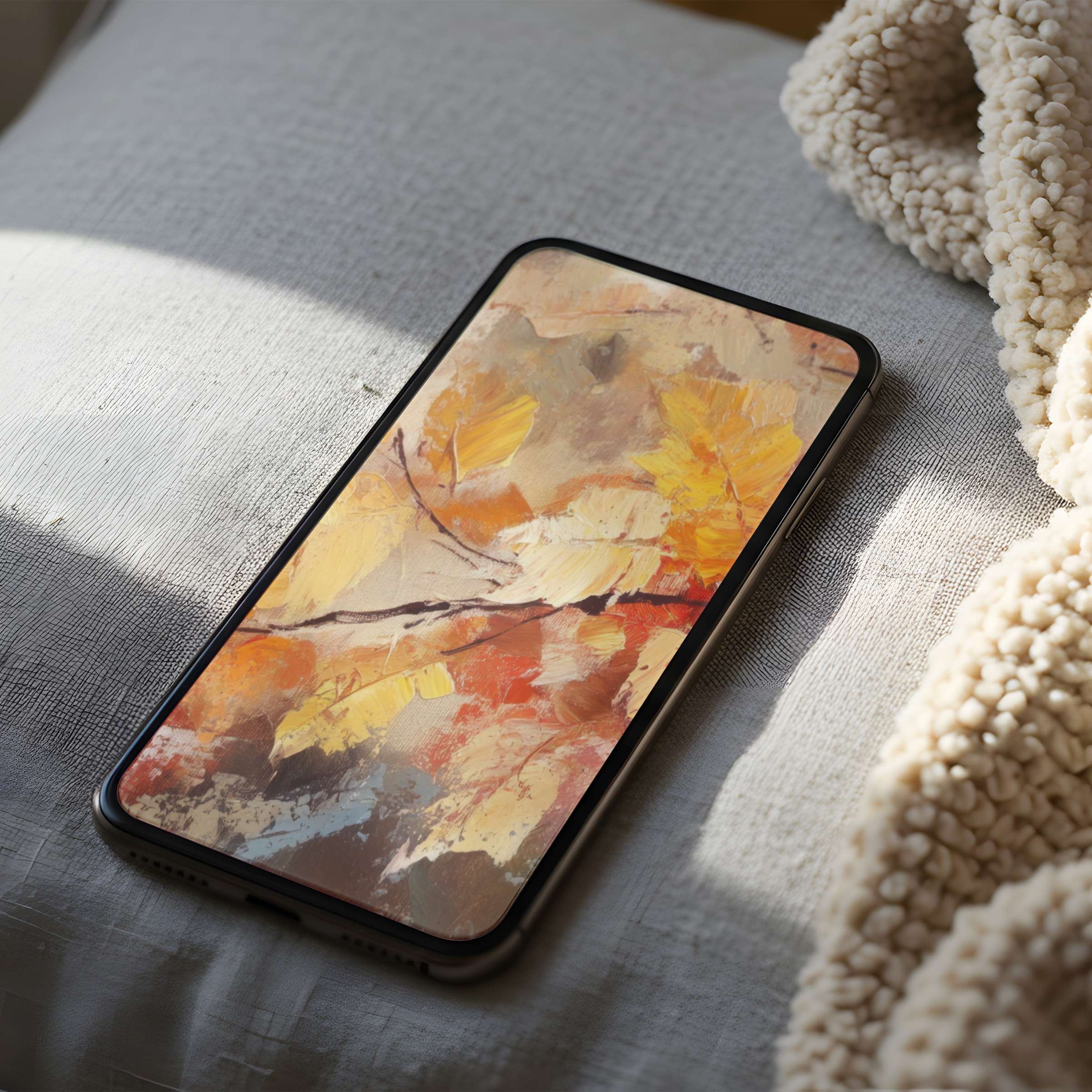 Elegant phone wallpaper featuring vibrant autumn leaves in warm hues, perfect digital download for iPhone and Android users seeking tranquility