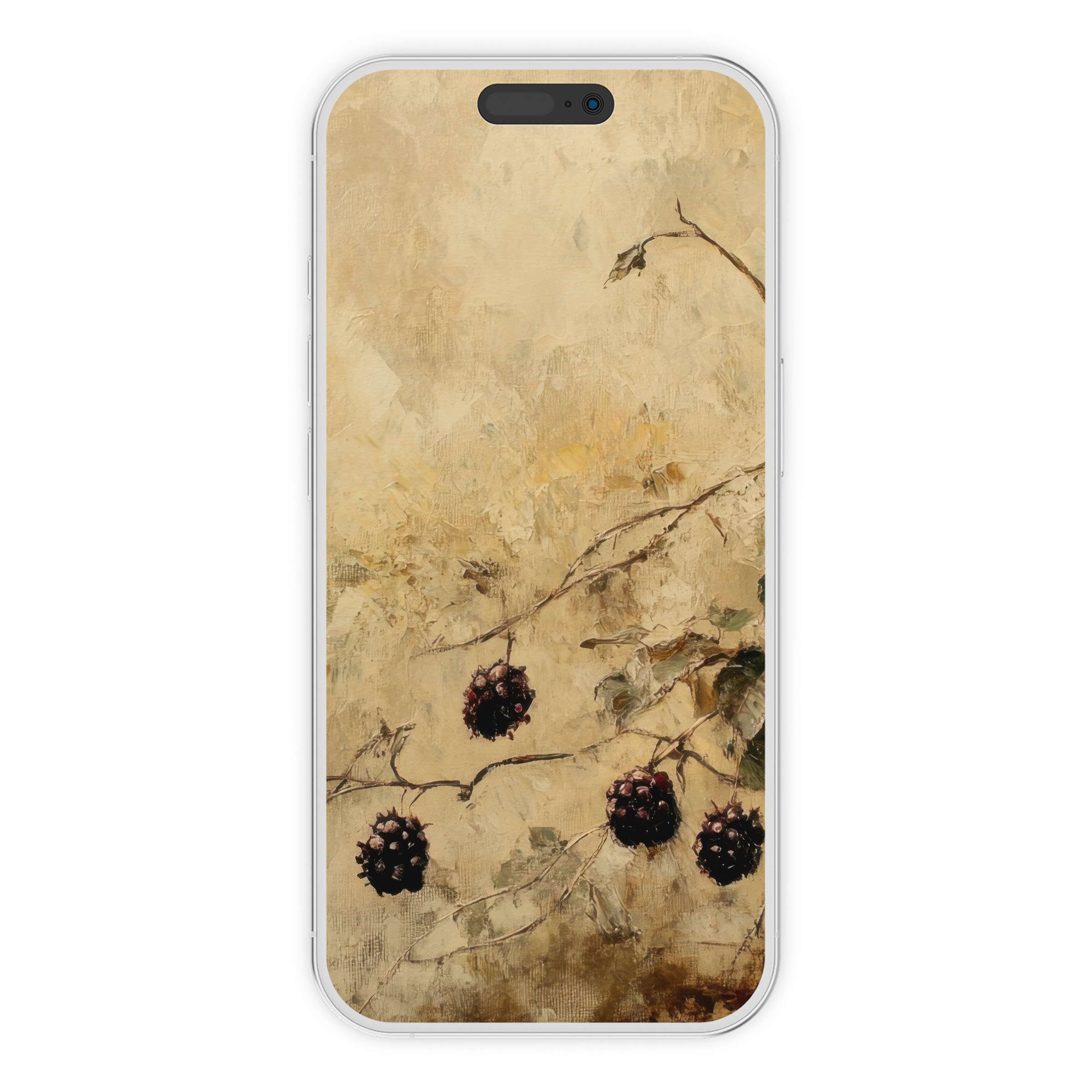 Elegant botanical iPhone wallpaper features dark berries and textured branches on a soft cream background digital download phone art