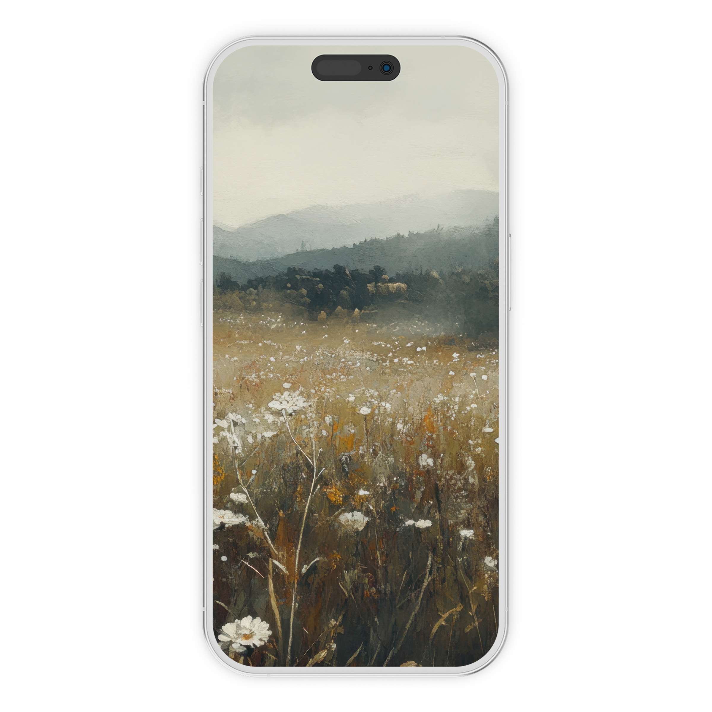Serene botanical iPhone wallpaper featuring a misty meadow painting for a calming phone background digital download suitable for all devices