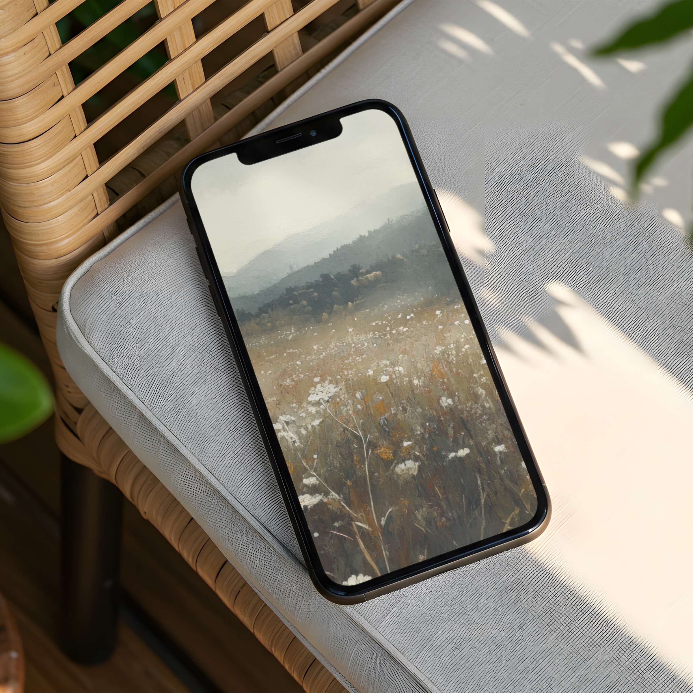 Serene iPhone background with soft, earthy tones of fields and hills, offering instant download for phone tranquility and elegance