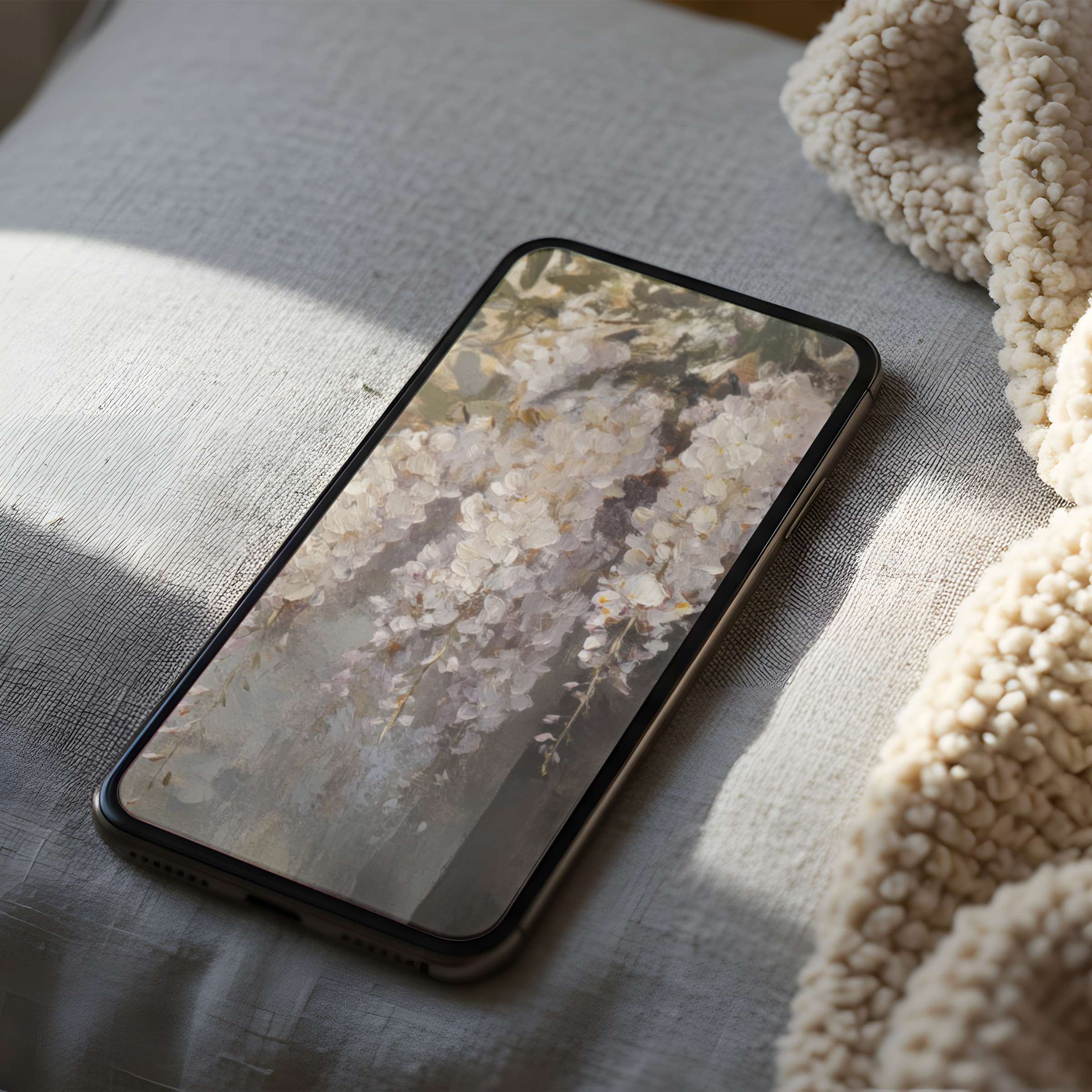 Elegant floral phone wallpaper in high resolution, perfect for iPhone and Android, enhancing calm with a serene digital download
