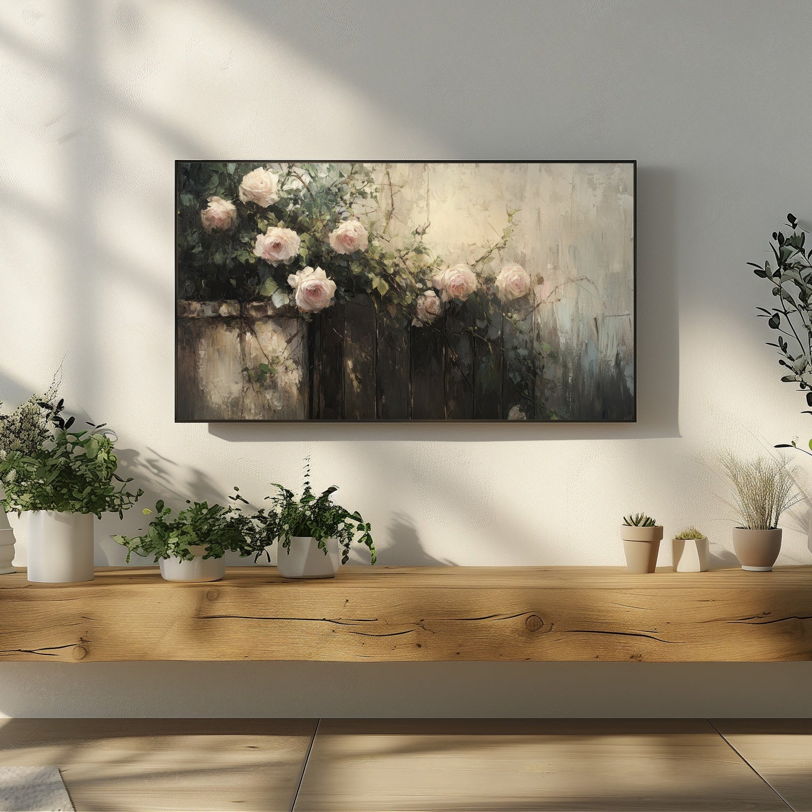 Botanical rose garden Frame TV art with soft vintage flowers and textured painted background in a cozy modern living room