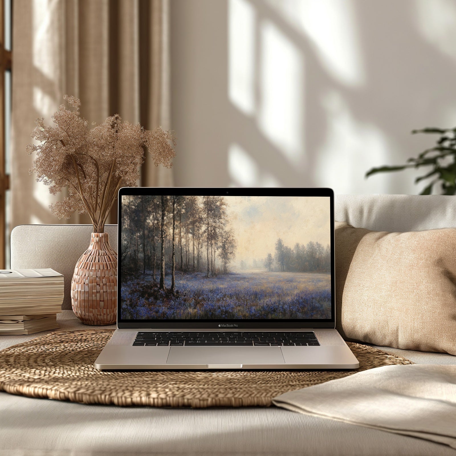 Botanical Computer Background in Boho Living Room