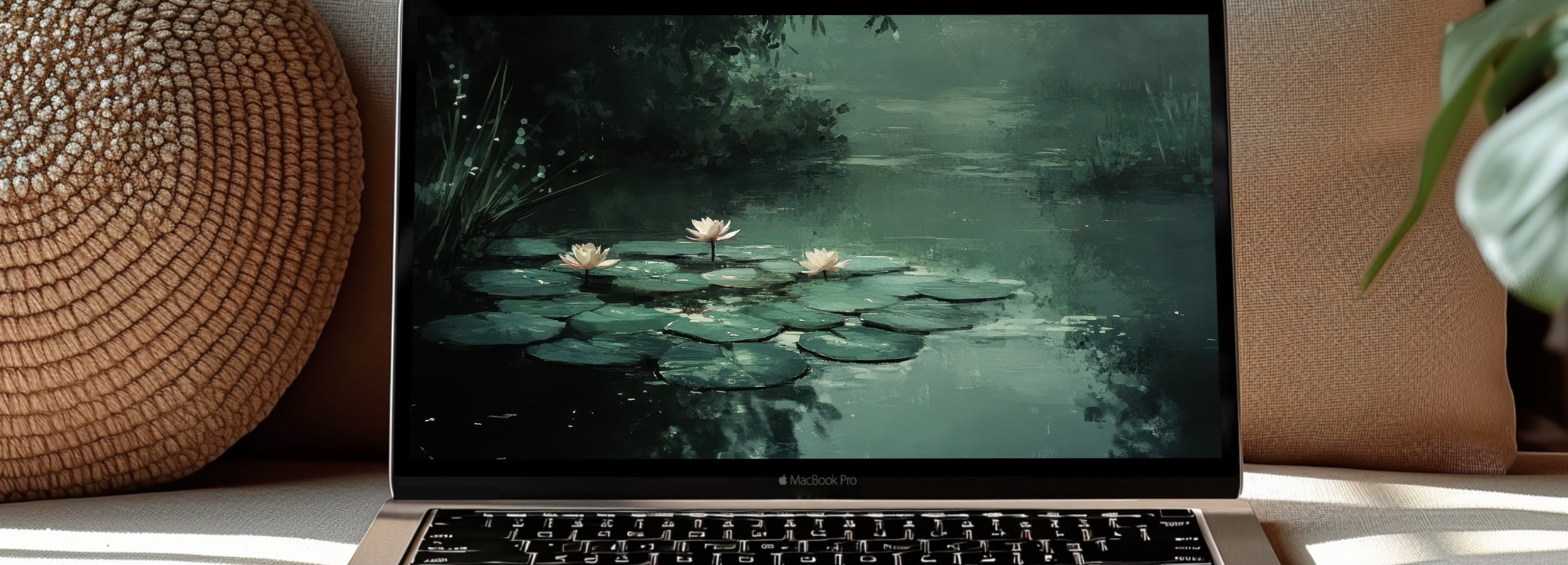 Botanical MacBook wallpaper featuring serene water lilies floating on a calm pond. Natural green tones and soft reflections create a peaceful, nature-inspired workspace - digital desktop background by Gallery Flair